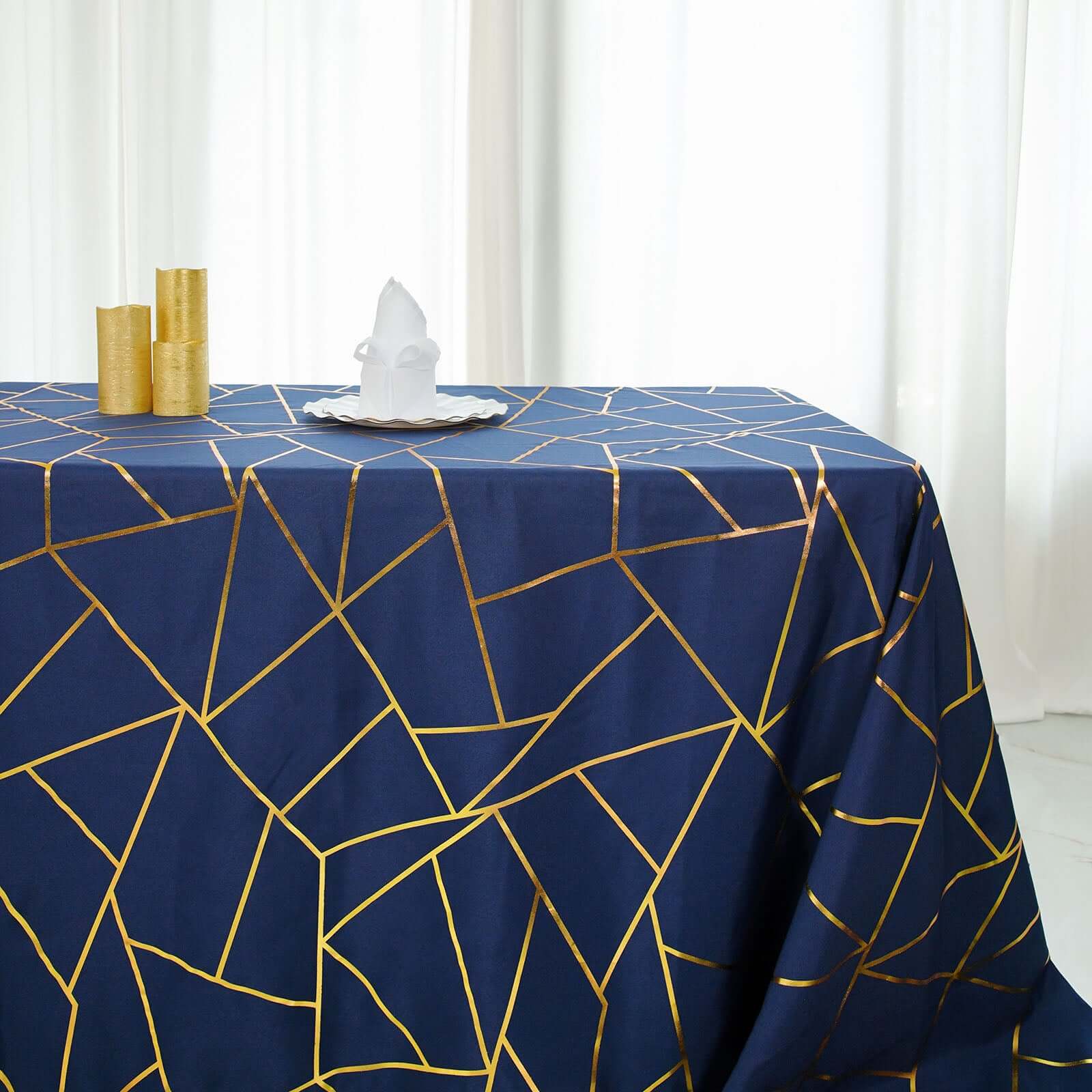Wrinkle-Resistant Navy Blue Polyester Tablecloth with Gold Foil Pattern for Elegant Events