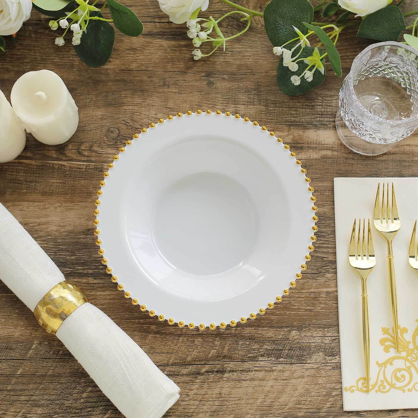 10-Pack 12oz Disposable White Plastic Salad & Soup Bowls with Gold Beaded Rim - Great Value!