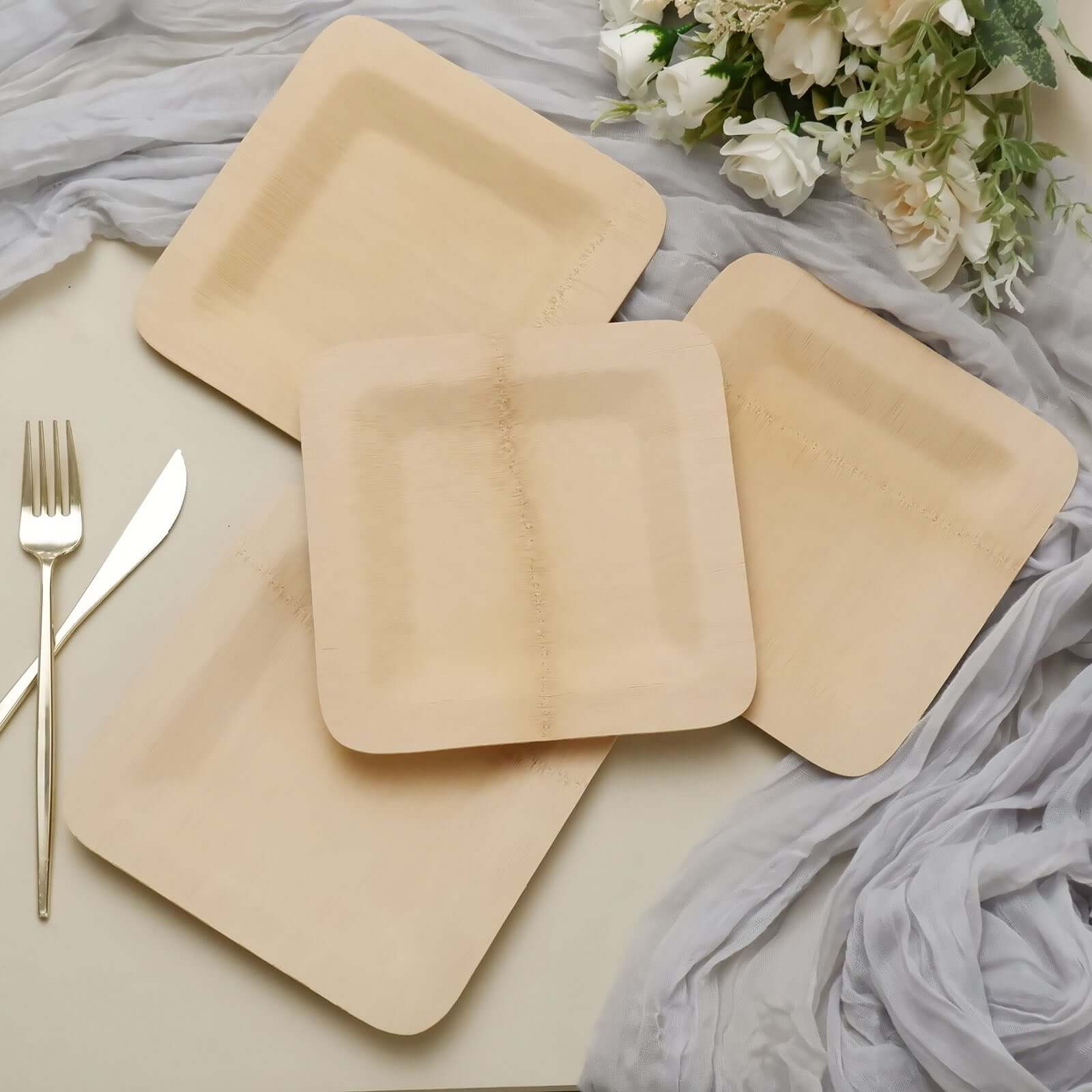 10-Pack Natural Bamboo 9 Square Dinner Plates - Eco-Friendly Disposable for Events