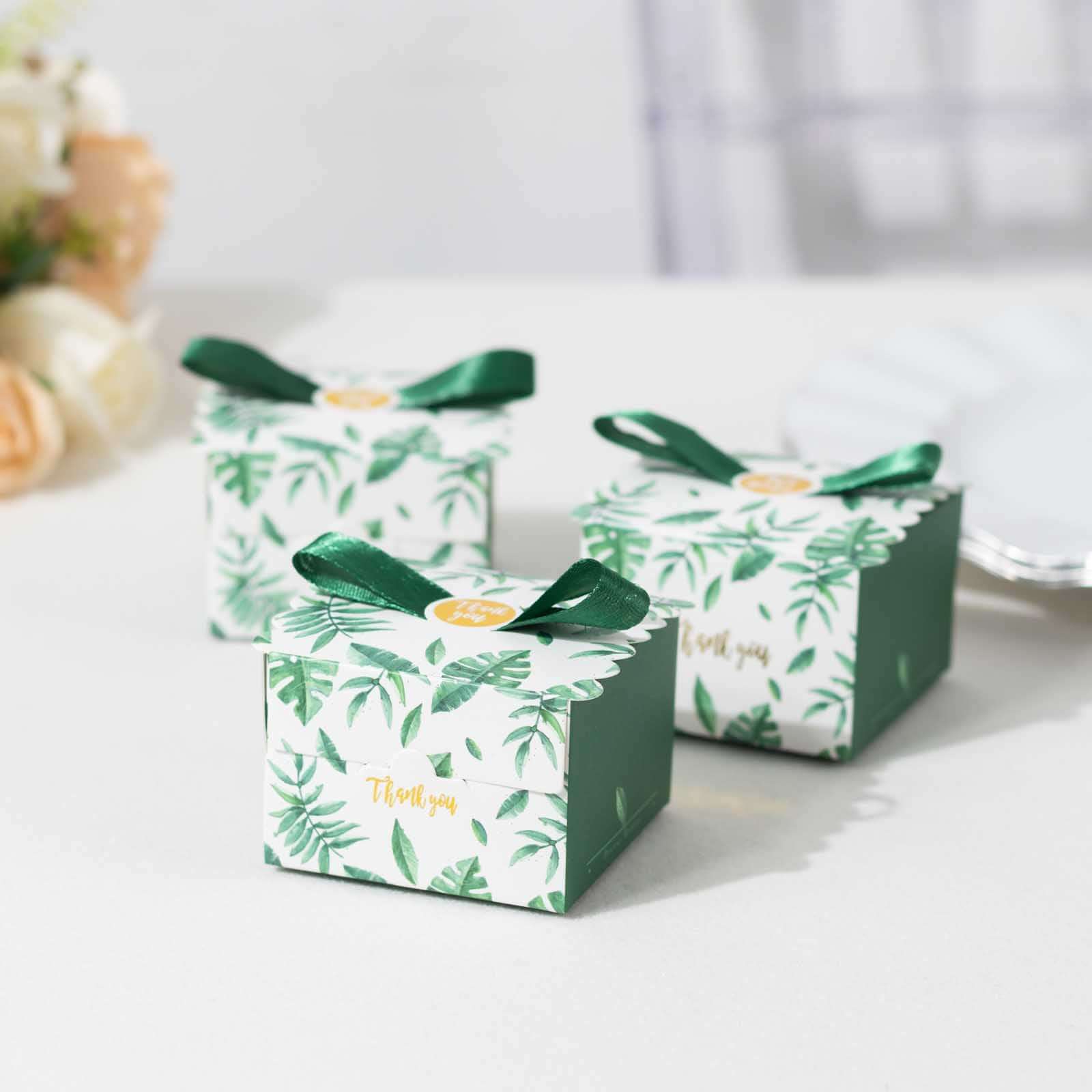 25-Piece Set of Green Monstera Leaf Printed Candy Gift Boxes with Satin Ribbon Bows