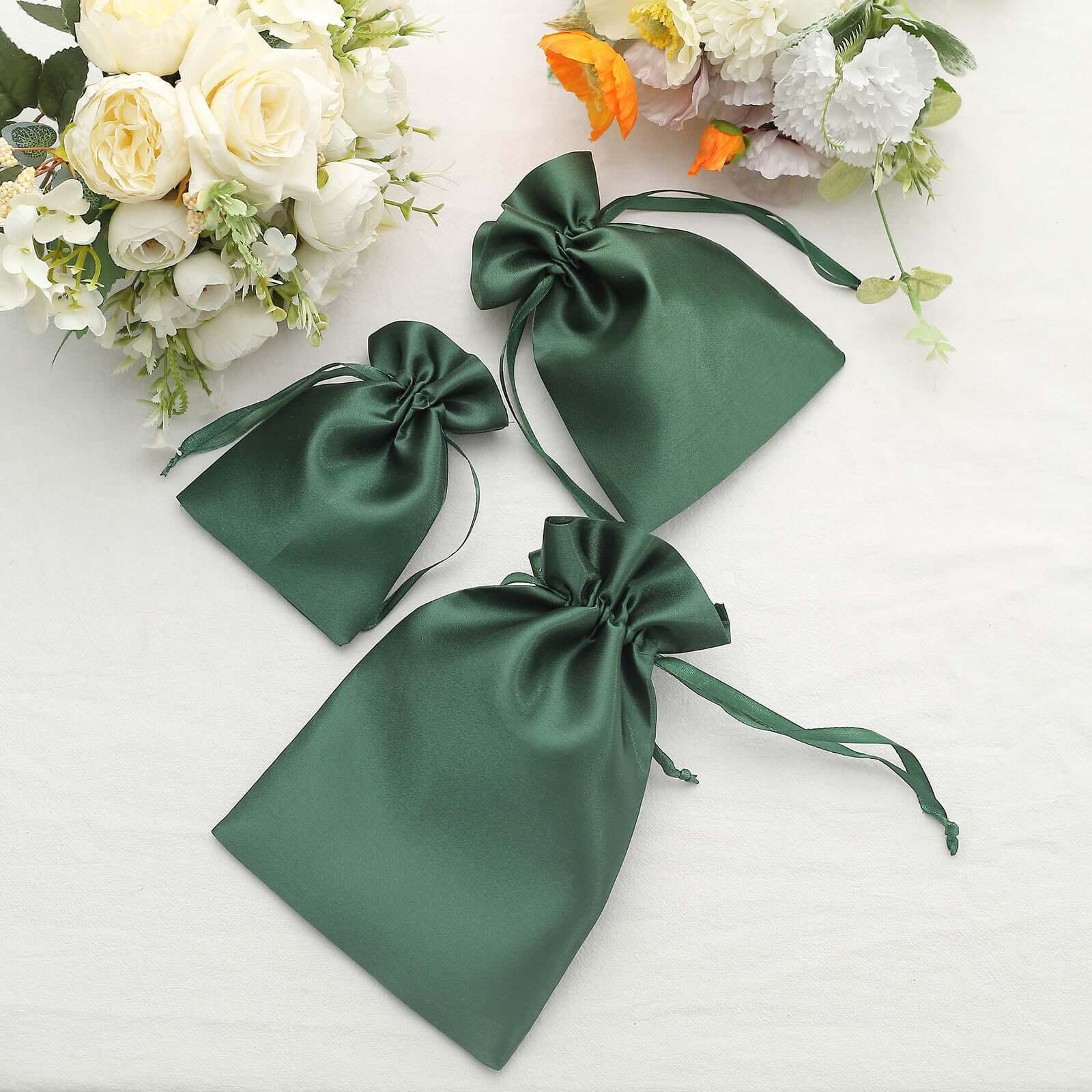 12-Piece Set of 6x9 Hunter Emerald Green Satin Drawstring Wedding Favor Gift Bags