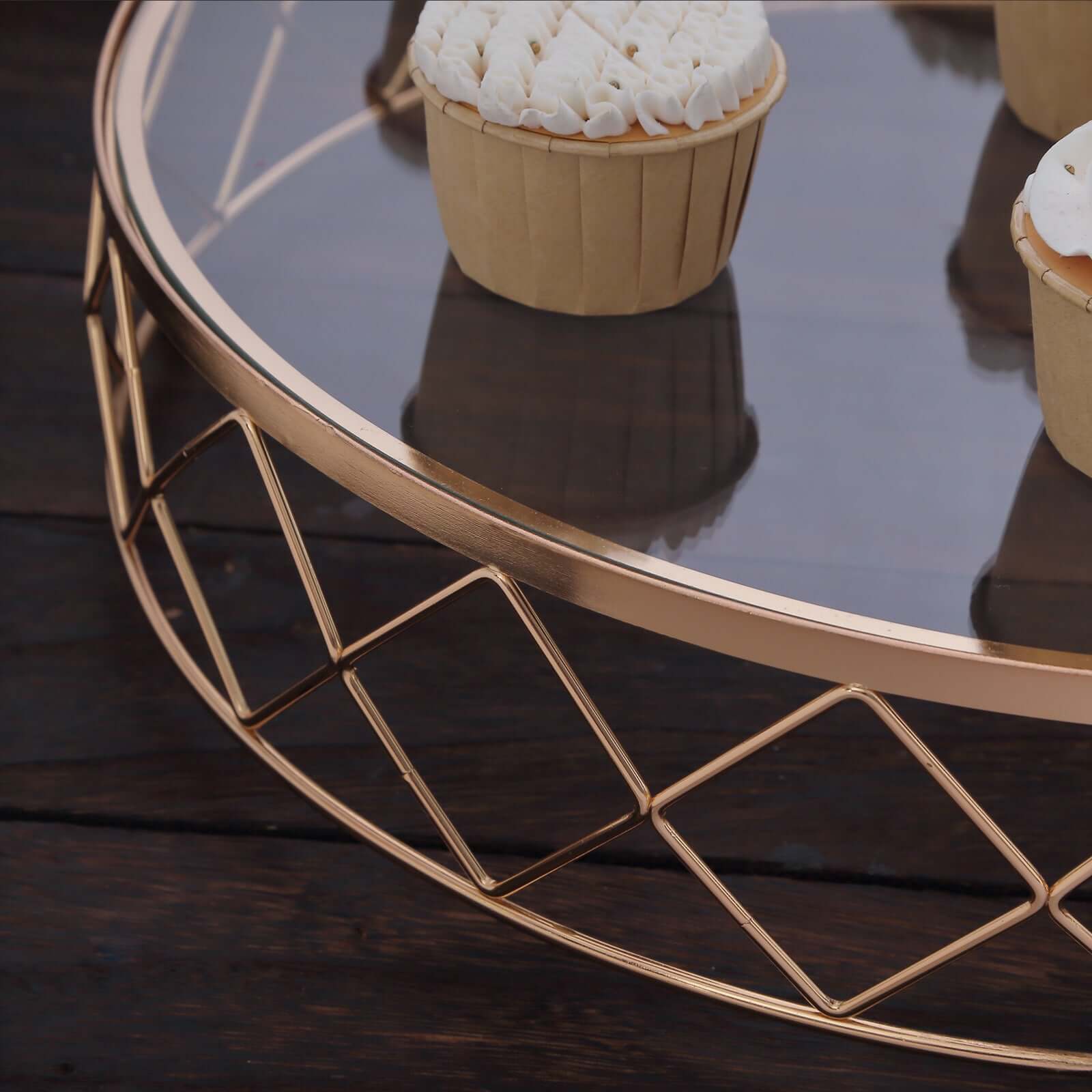 14-Inch Gold Metal Cake Stand with Geometric Diamond Cut Design and Glass Top for Dessert Display