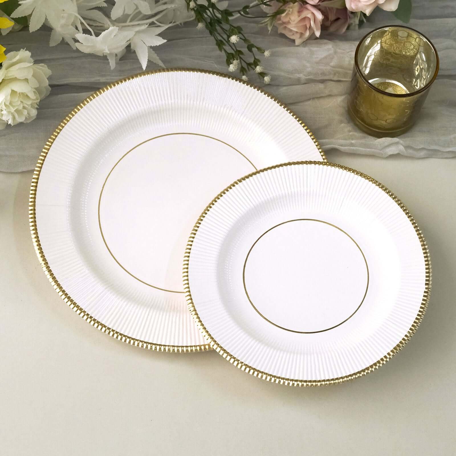 25-Pack Disposable 10-Inch White Sunray Dinner Plates with Gold Rim, 350GSM Heavy Duty