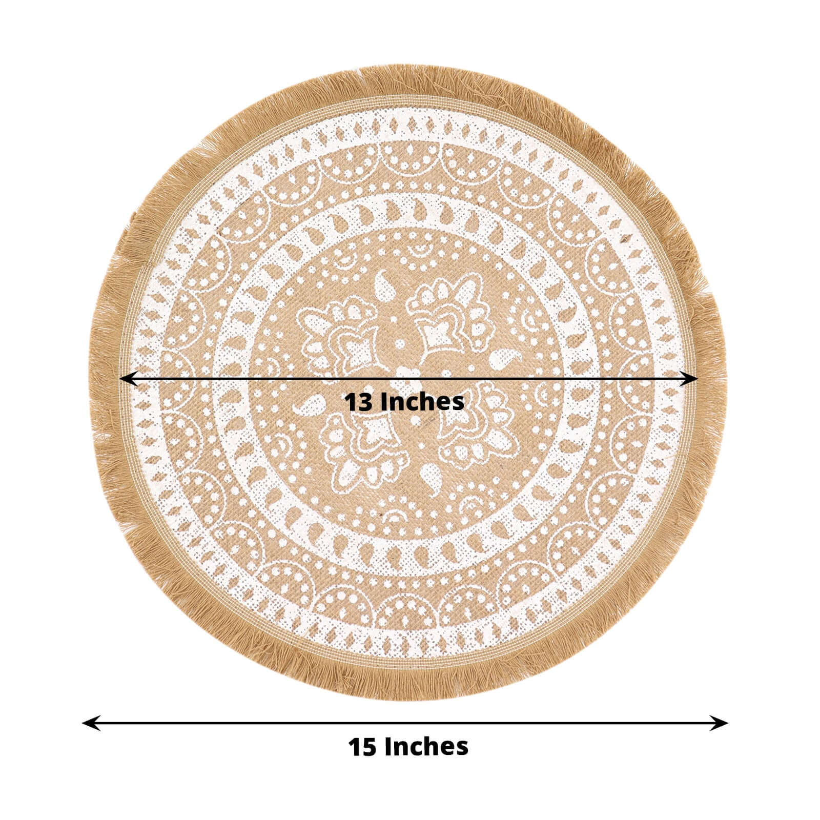 4-Pack Natural Jute and White Round Placemats with Fringe Print - Rustic Style, 15"