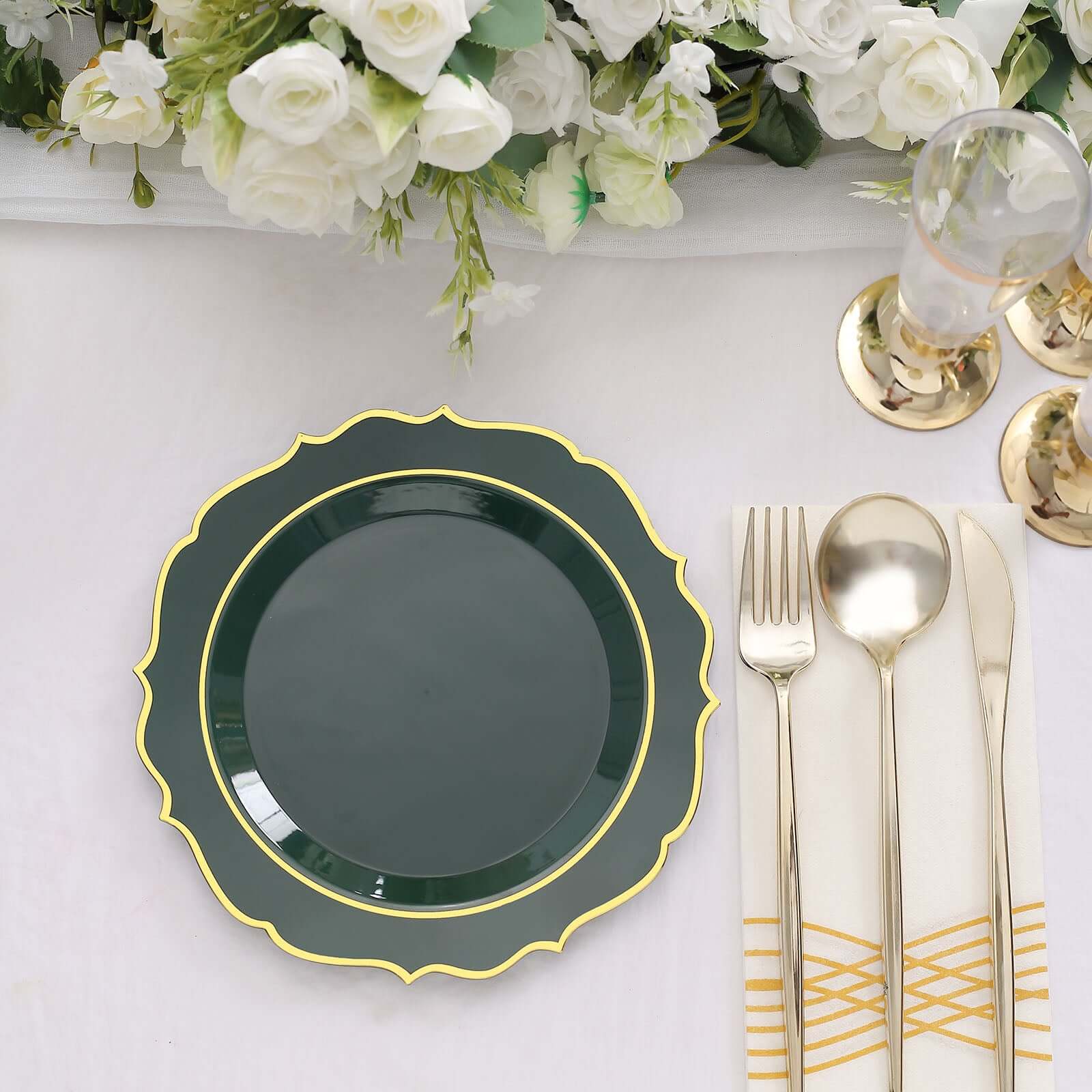 10-Pack Disposable 8-Inch Round Salad Plates in Hunter Green with Gold Scalloped Rim