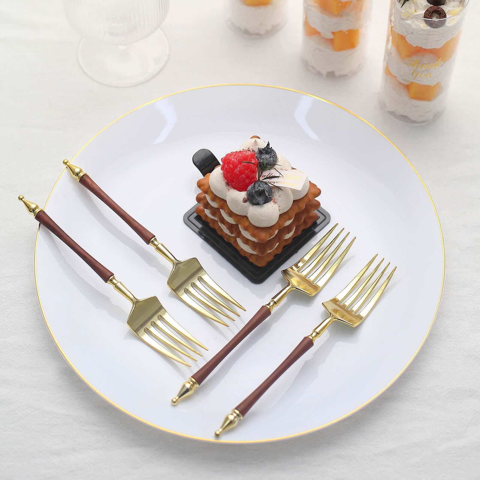 24-Pack Gold/Brown European-Style Disposable Dessert Forks with Roman Column Handles