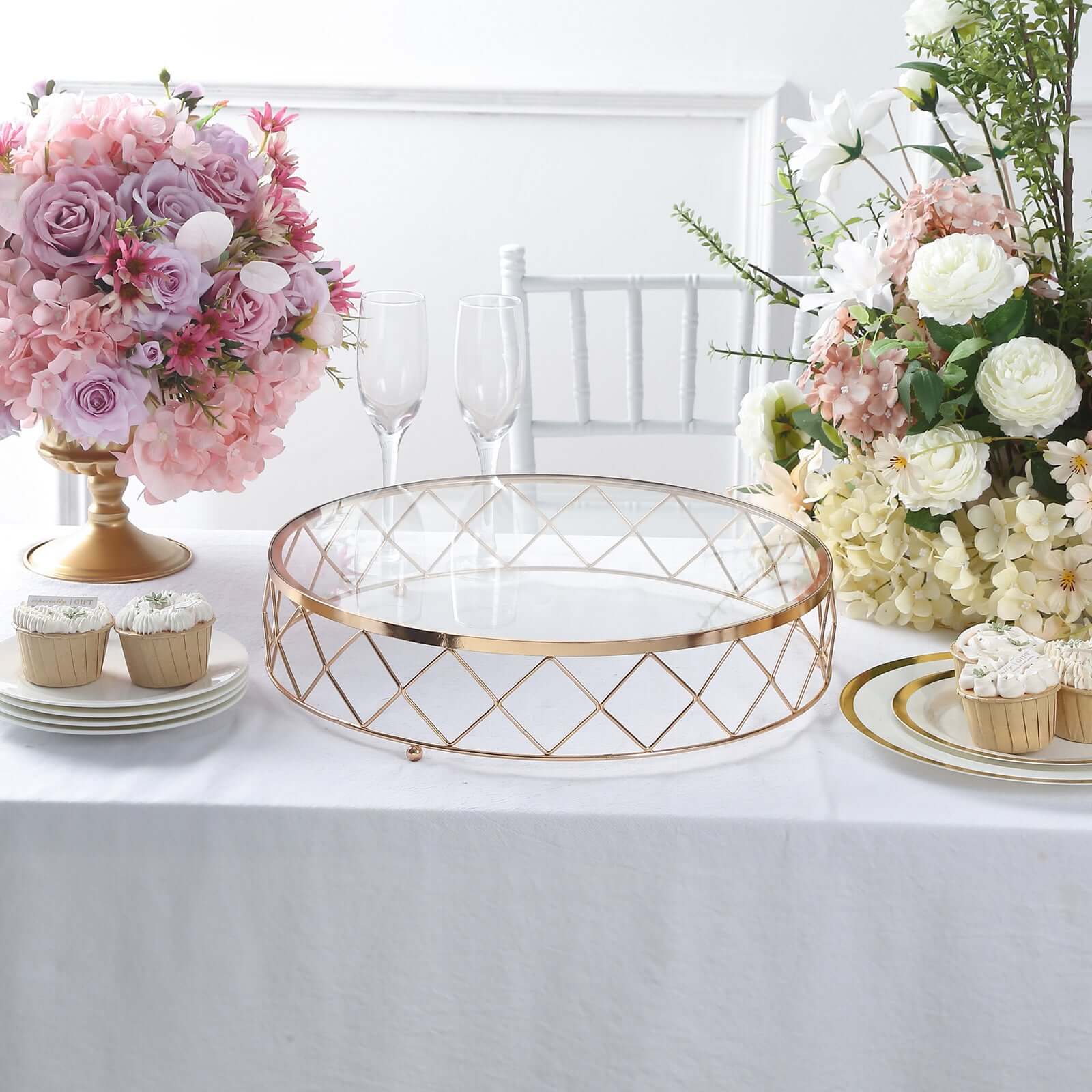 14-Inch Gold Metal Cake Stand with Geometric Diamond Cut Design and Glass Top for Dessert Display