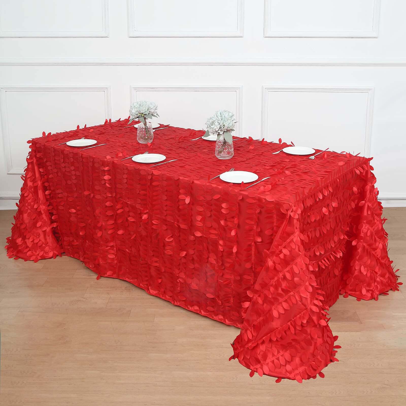 Hot Deal! Red Taffeta Rectangle Tablecloth with 3D Leaf Petal Design