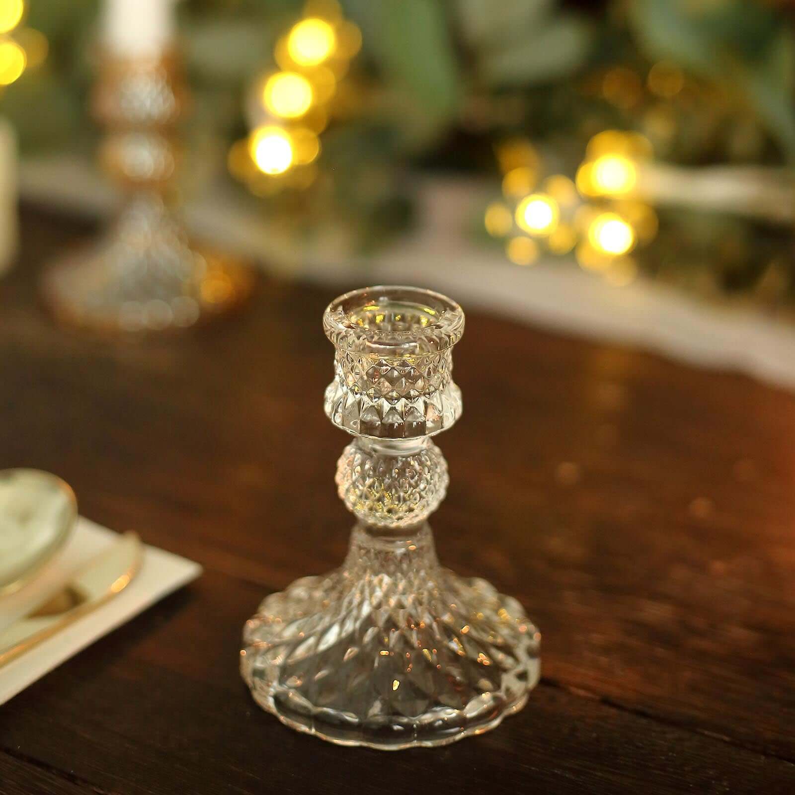 6-Piece Clear Glass Taper & Pillar Candle Holders with Diamond Pattern