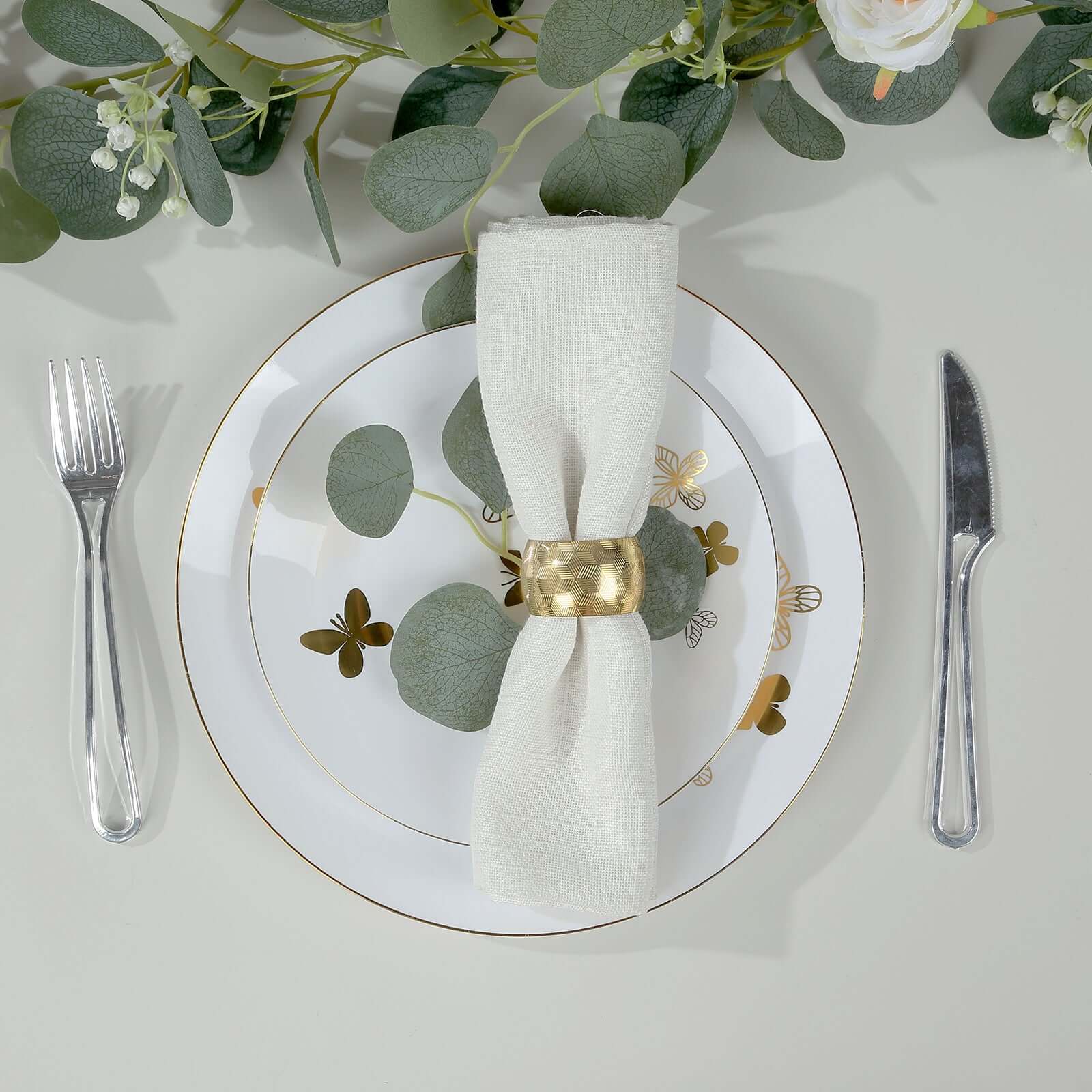 Get 20-Piece White Plastic Dinner & Salad Plates with Gold Butterfly Design & Rim - Ideal for Buffets & Events