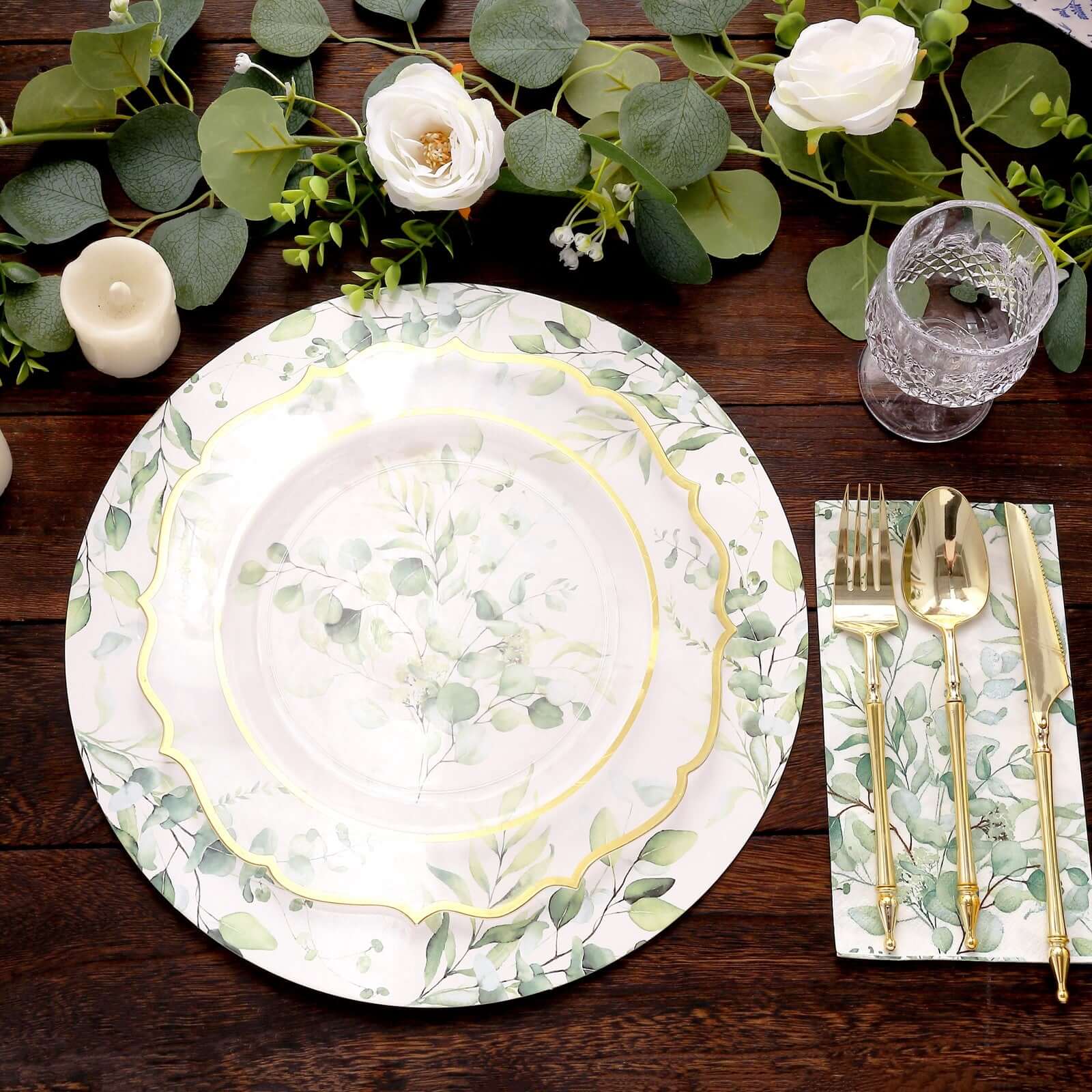 Hot Deal! 6-Pack 13-Inch Disposable Charger Plates with Eucalyptus Leaves Print, 700GSM Floral Paper Chargers