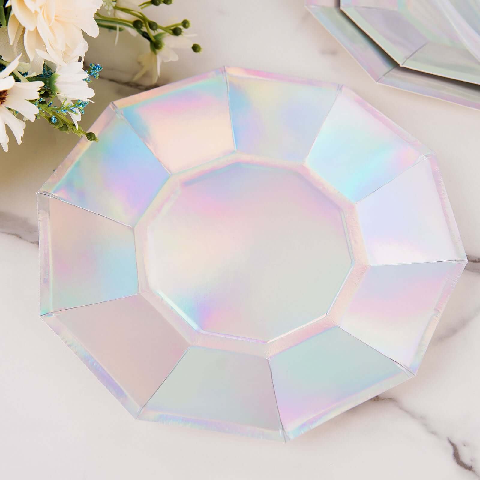 25-Pack 9-Inch Iridescent Decagon Disposable Dinner Plates for Disco & Space Parties