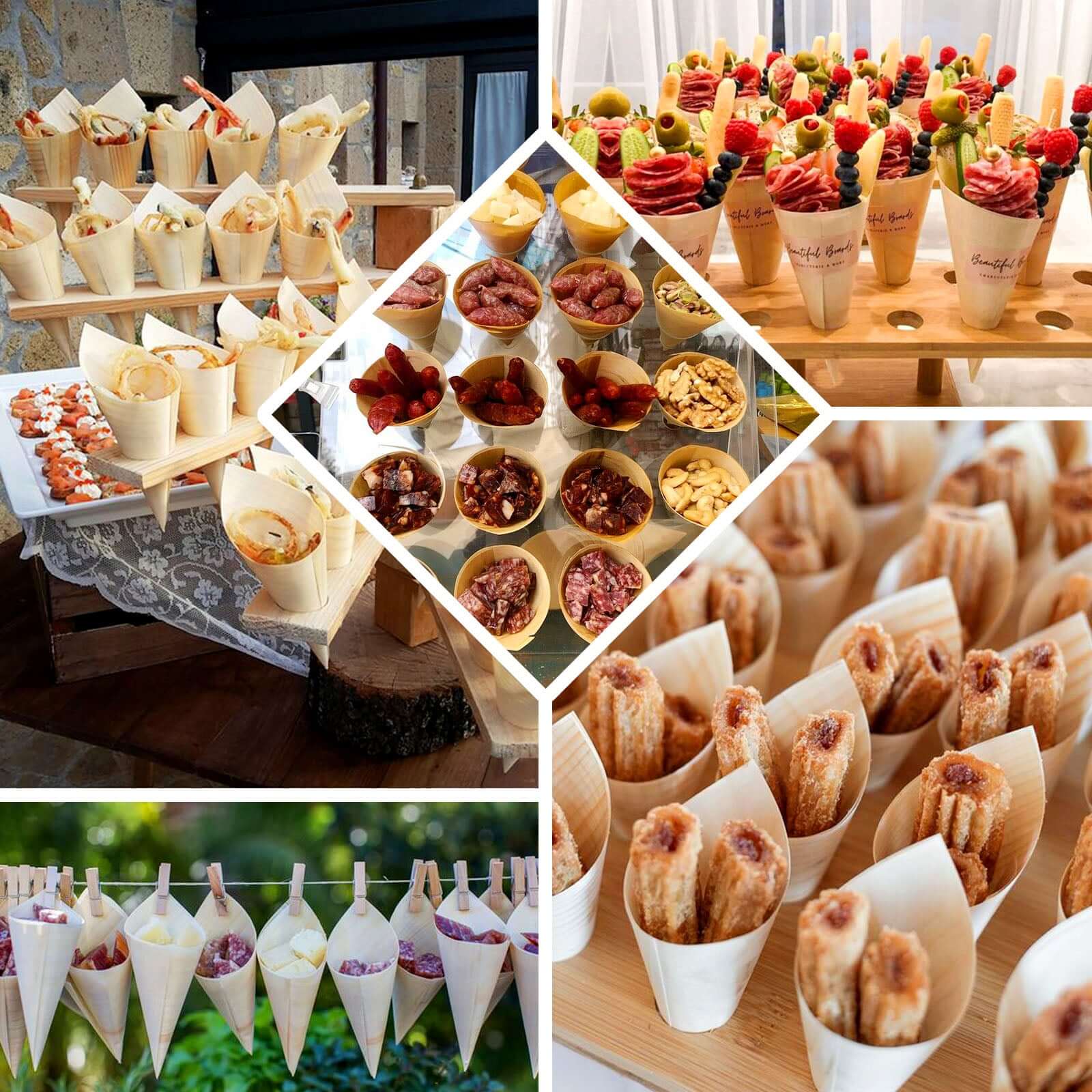 Get 50-Pack Eco-Friendly Natural Pine Wood Disposable Food Tasting and Serving Cones, 6 Inches
