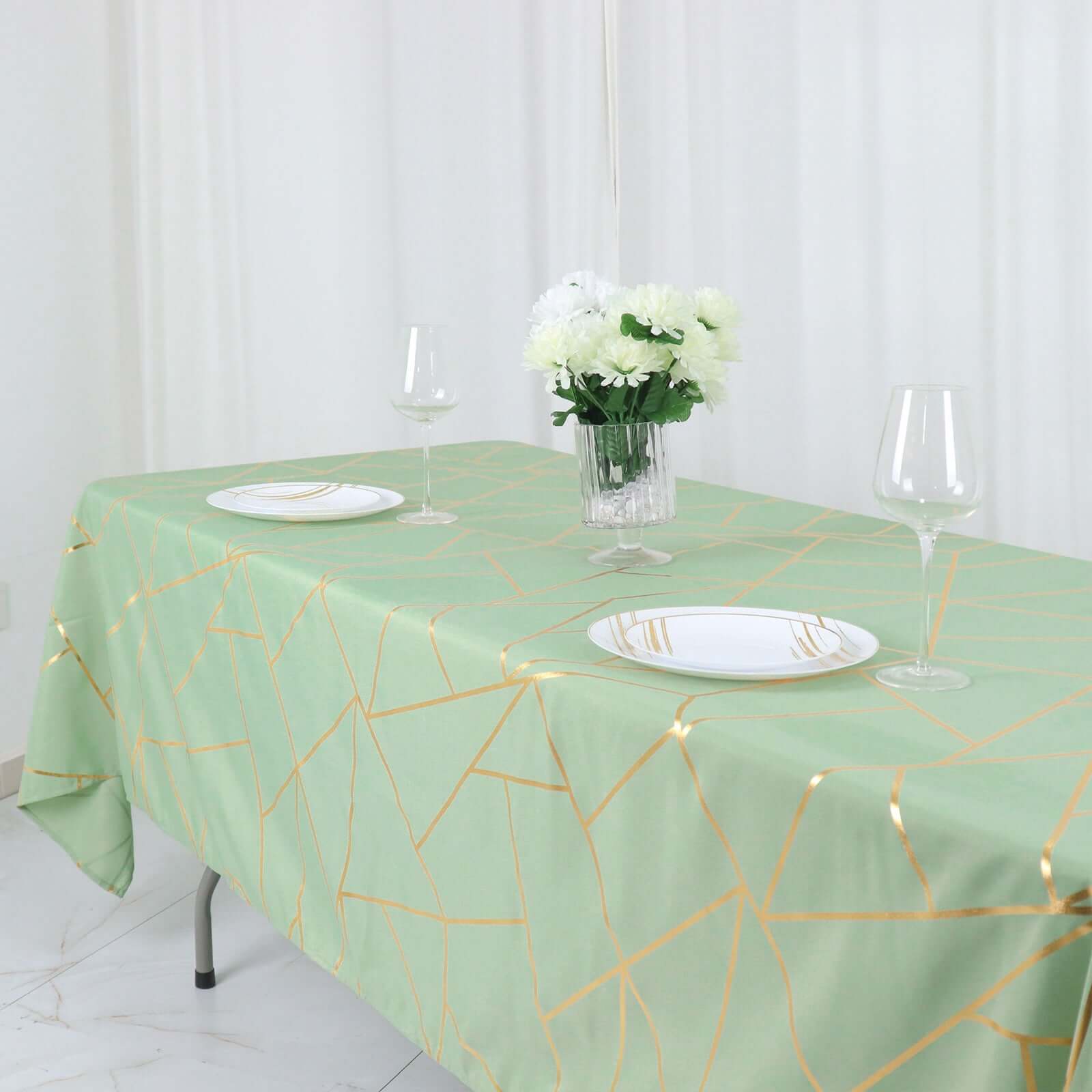Hot Sale! Wrinkle-Resistant & Durable Polyester Rectangle Tablecloth in Sage Green with Gold Foil Geometric Design (60x102)