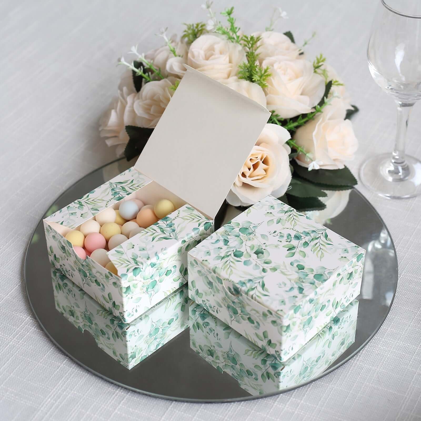 25-Pack White & Green Eucalyptus Print Cardstock Party Favor Boxes - 4x4x2, Ideal for Various Occasions