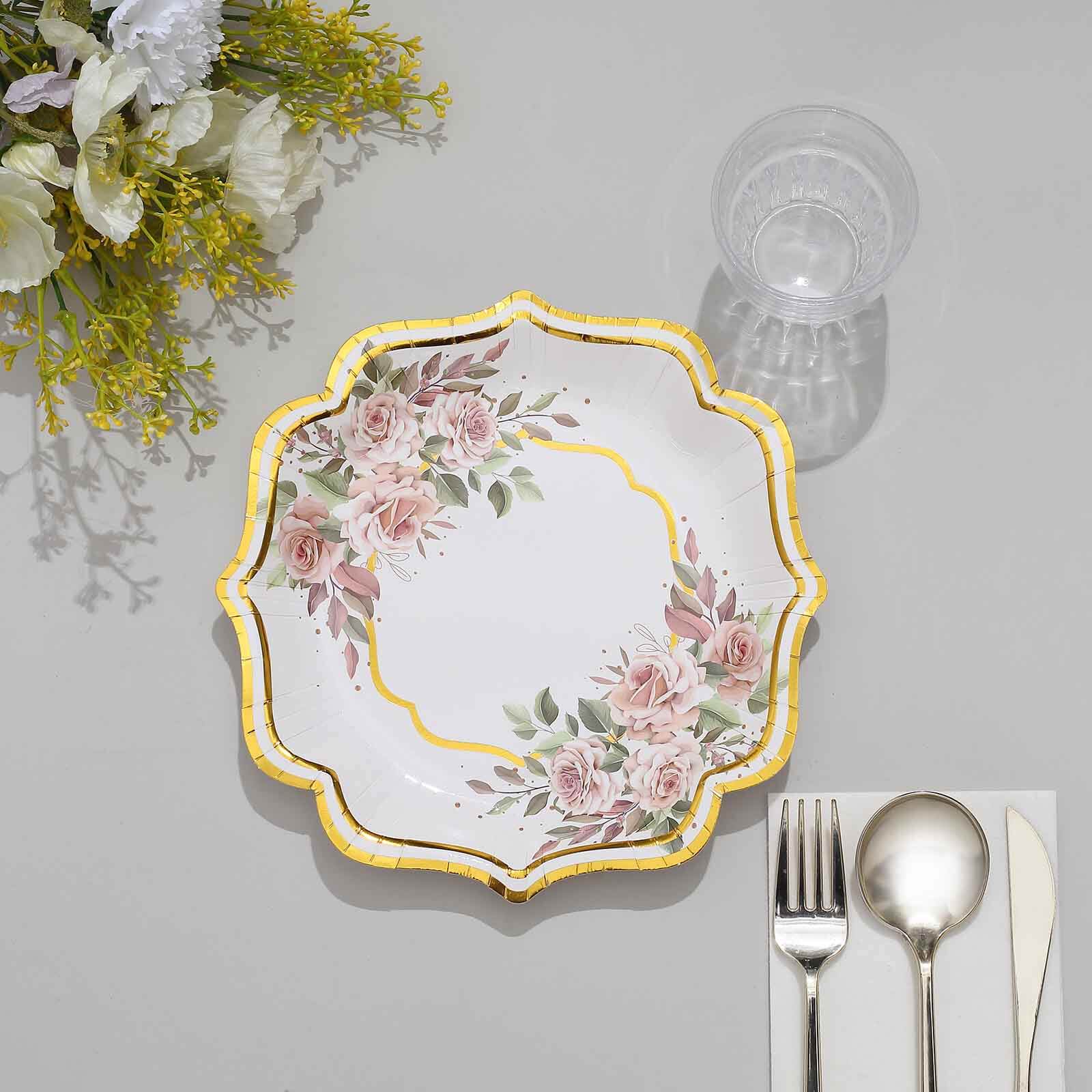 25-Pack Disposable 8-Inch White Floral Gold-Scalloped Dessert Plates for Events