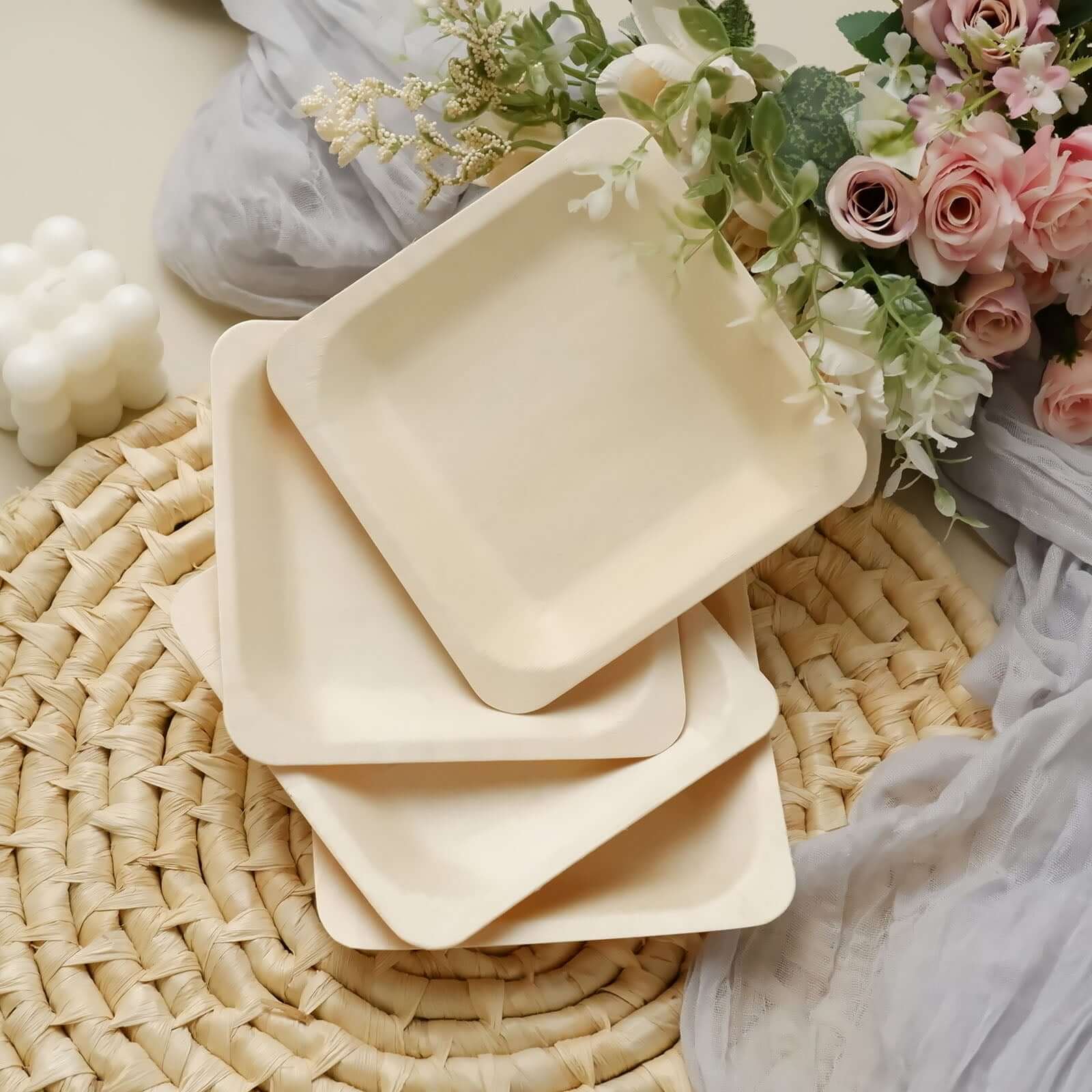 25-Piece Set of 6-Inch Square Eco-Friendly Birchwood Dessert and Appetizer Plates