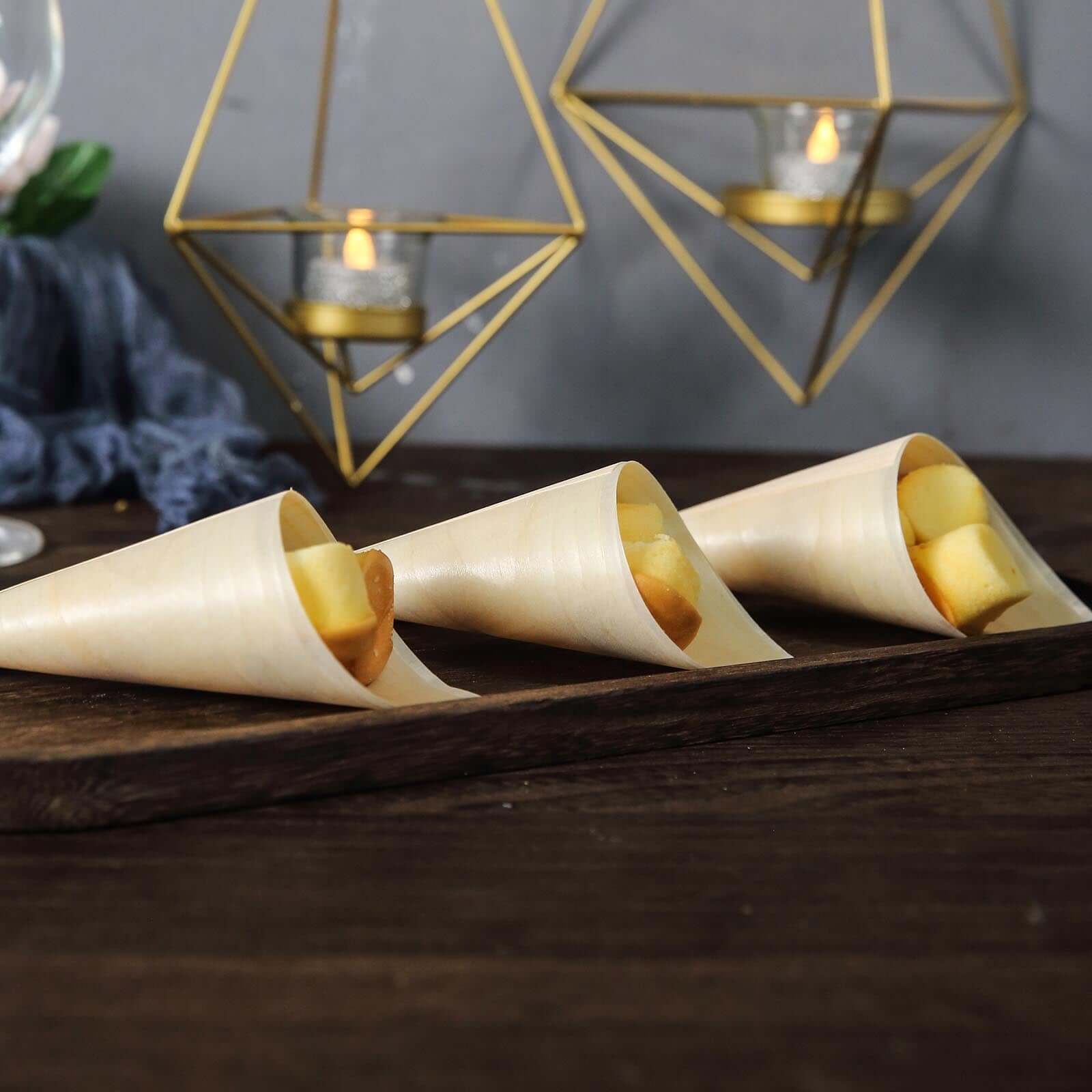 Get 50-Pack Eco-Friendly Natural Pine Wood Disposable Food Tasting and Serving Cones, 6 Inches