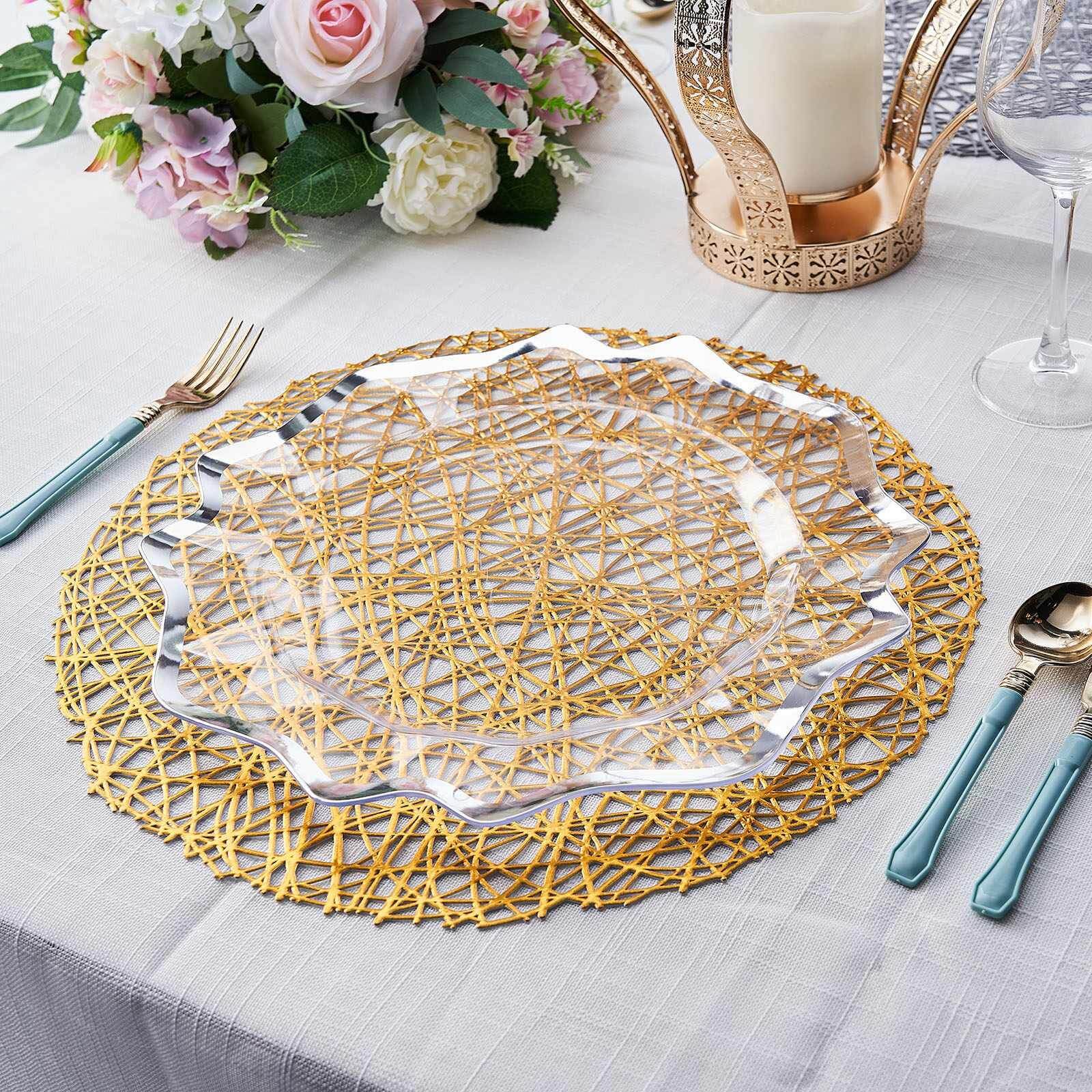 6-Piece Set of Durable Gold Vinyl Round Woven Non-Slip Dining Placemats 15