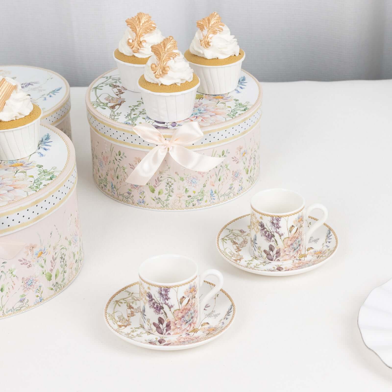 Blush Floral-Printed Porcelain Espresso Cups and Saucers Set of 2 with Gift Box