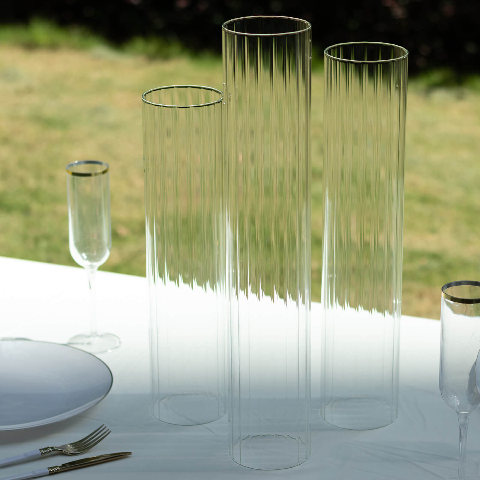 Stylish Set of 3 Clear Ribbed Glass Hurricane Shades for Candles - 15', 17', 19'