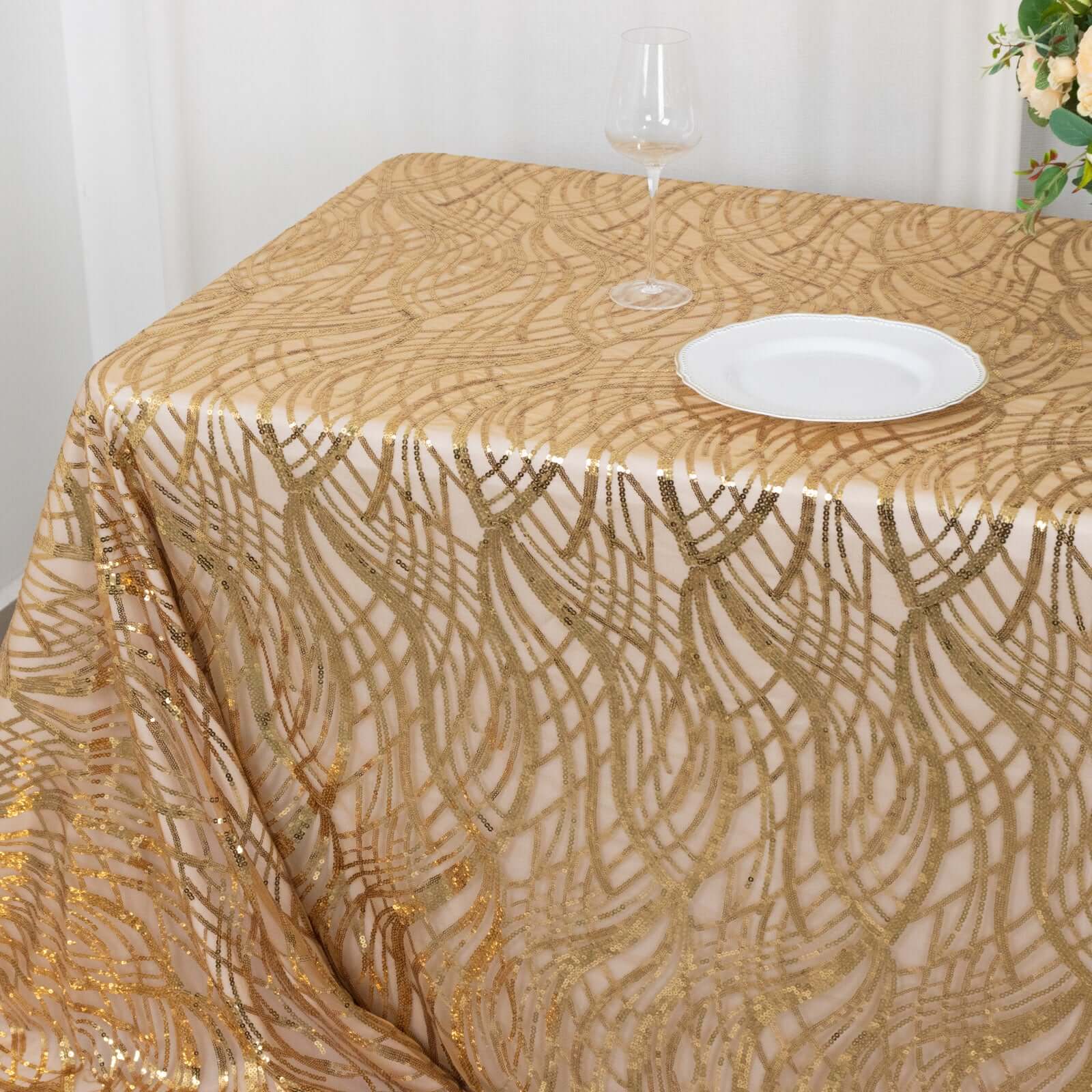 Exclusive Gold Mesh Rectangle Tablecloth with Wave Sequin Embroidered Design for Elegant Occasions