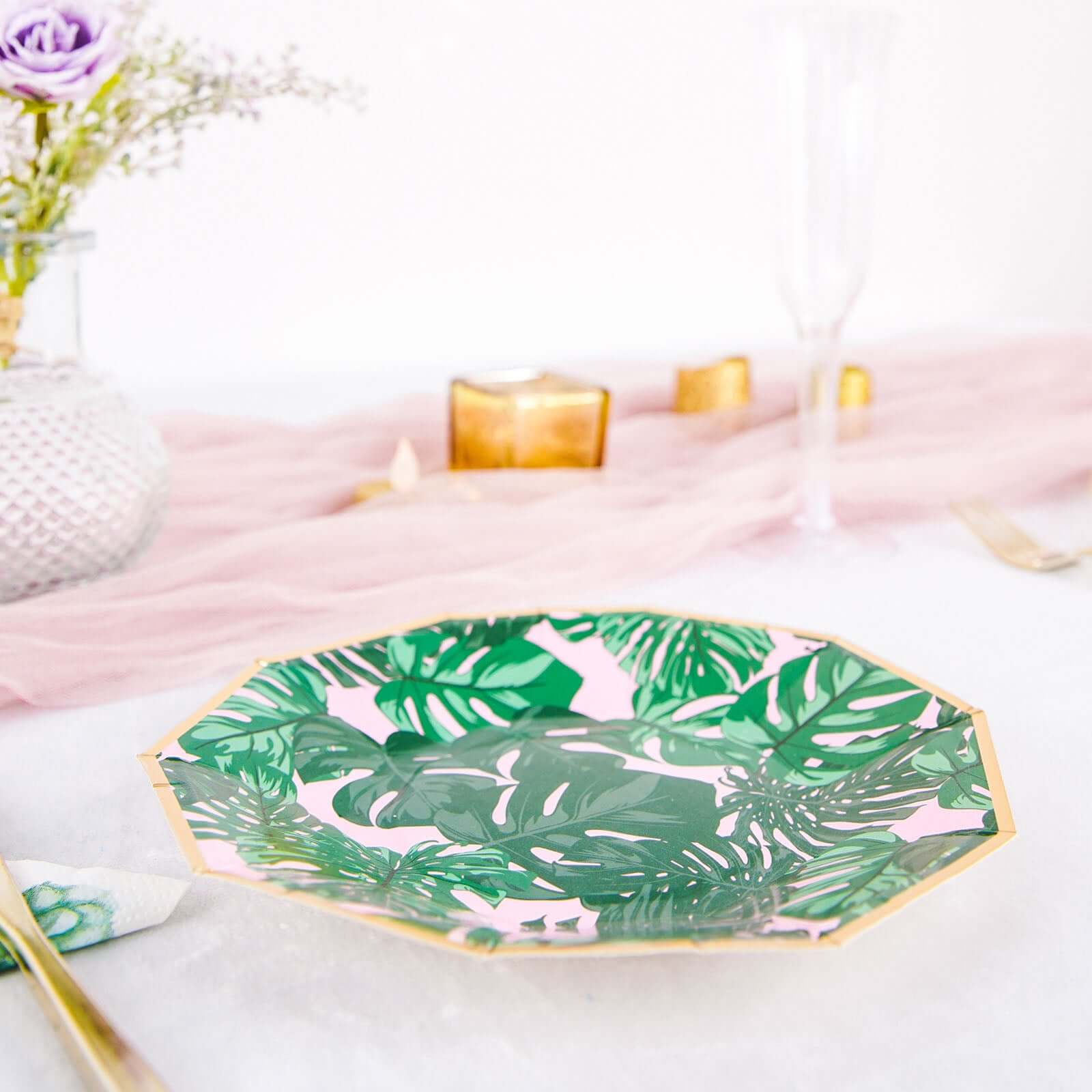 Hot Deal! 25-Pack Disposable 7-Inch Pink Paper Decagon Dessert Plates with Green Tropical Palm Leaves & Gold Rim for Boho & Jungle Events