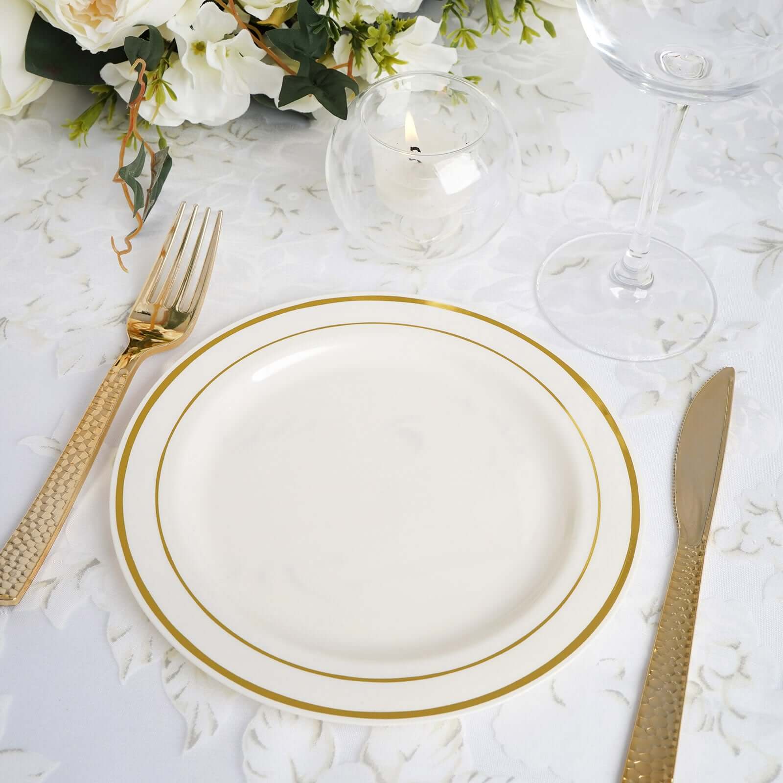 10-Piece Set of Disposable Ivory Plastic Dessert Plates with Stylish Gold Rim, 8 Inches