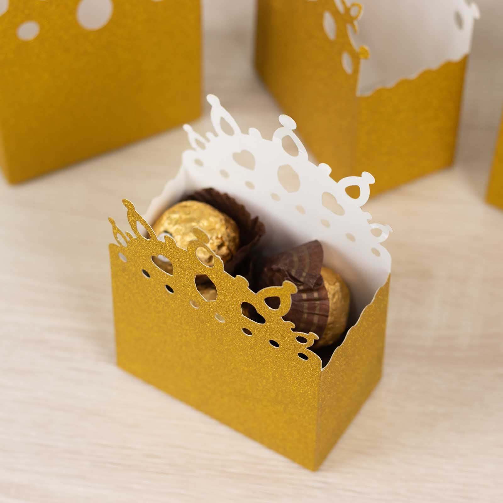 20-Pack Gold Glitter Princess Crown Cardstock Favor Boxes - Ideal for Weddings, Birthdays & Showers