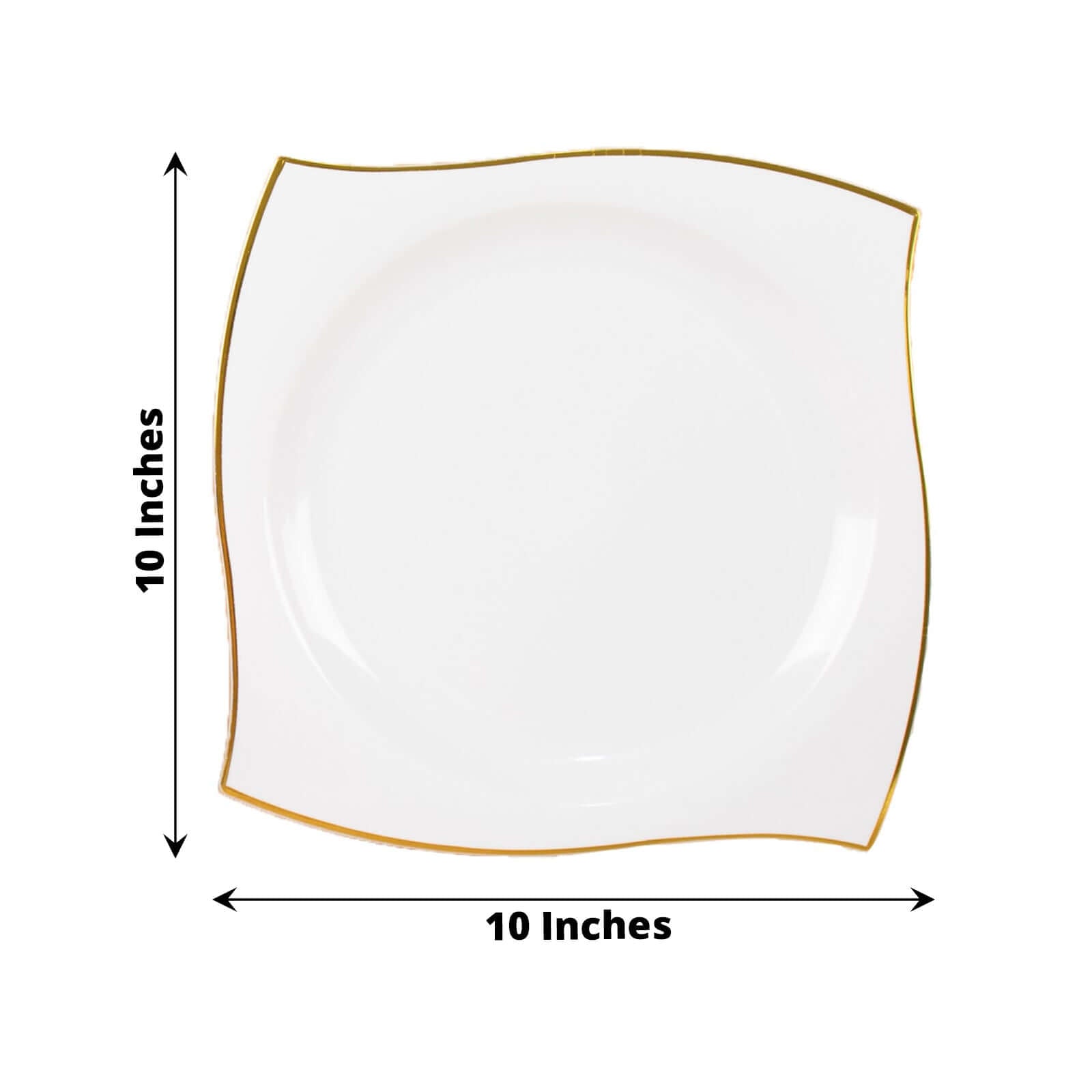 10-Piece Set of White Plastic Square Dinner Plates with Gold Wavy Rim for Luxury Parties