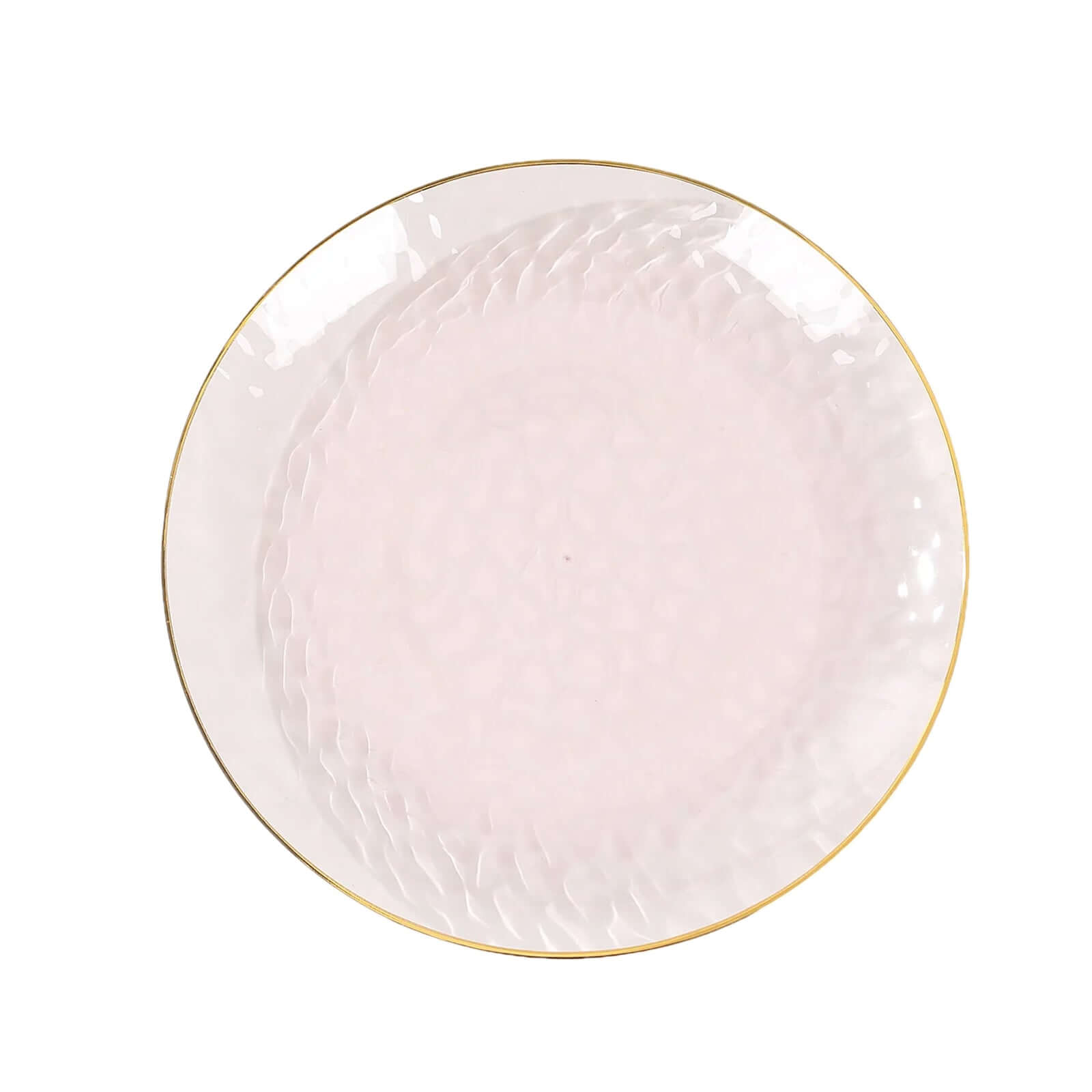 10-Piece Set of 9-Inch Transparent Blush Plastic Dinner Plates with Hammered Gold Rim - Disposable for Parties