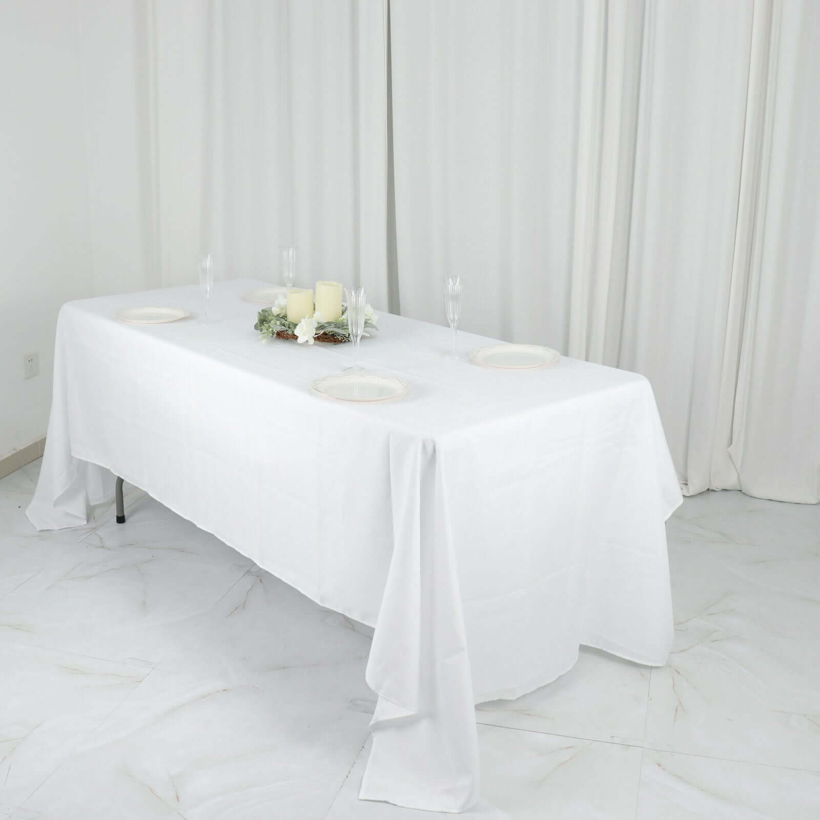 Wrinkle-Resistant White Polyester 60x126 Rectangle Tablecloth for Weddings & Parties