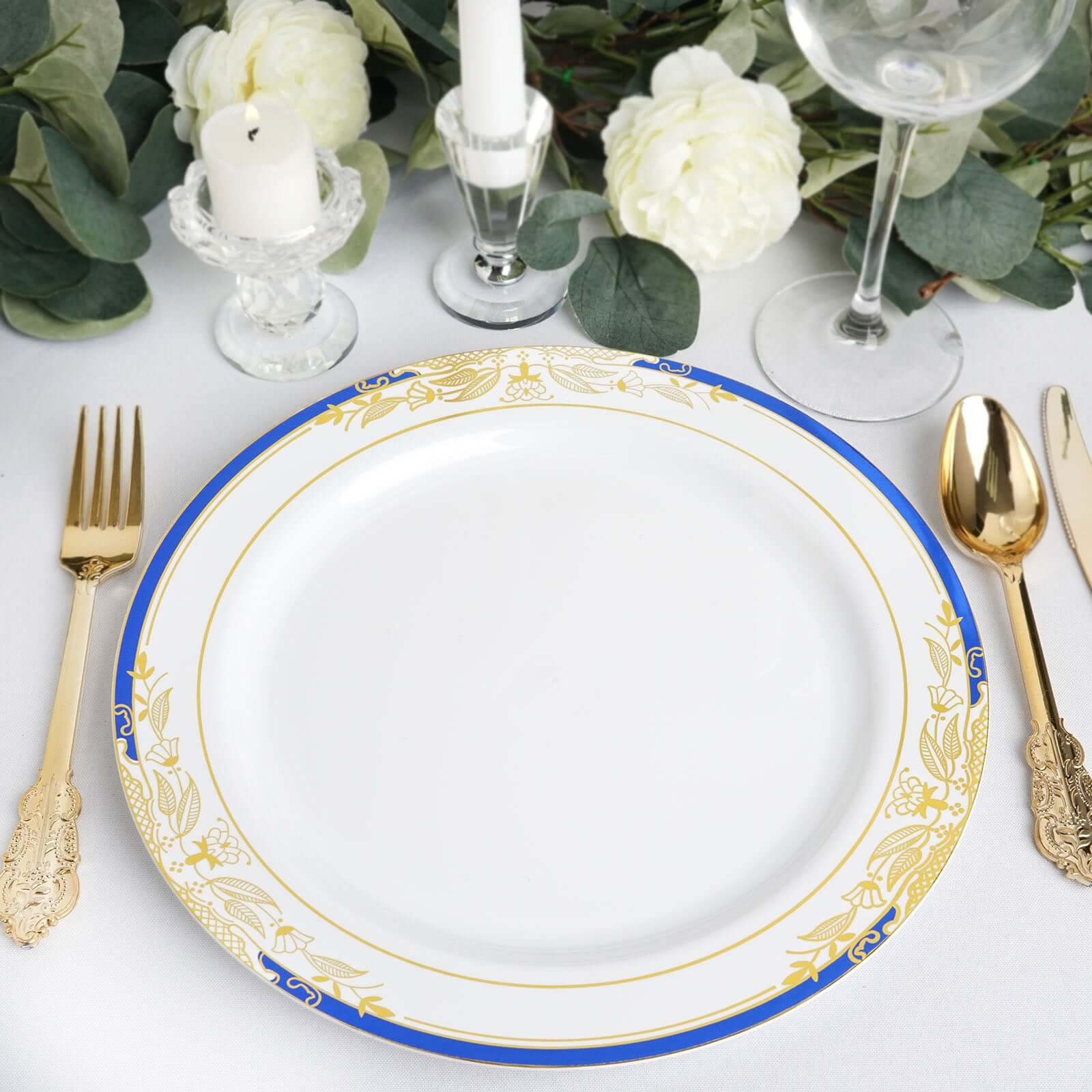 10-Pack Disposable White Dinner Plates with Royal Blue Rim and Gold Vine Design for Special Events