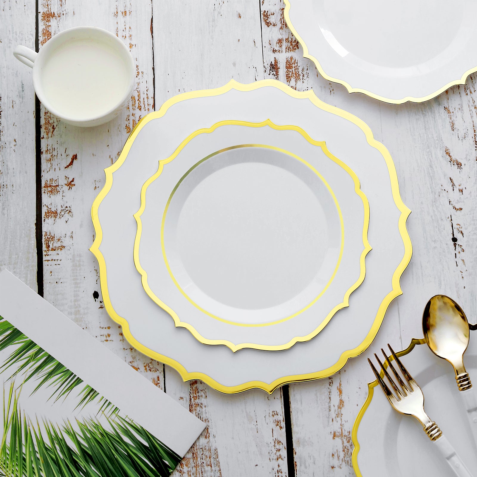 10-Piece Set of Disposable White Plastic Round Desert Plates with Gold Scalloped Rims for Elegant Events