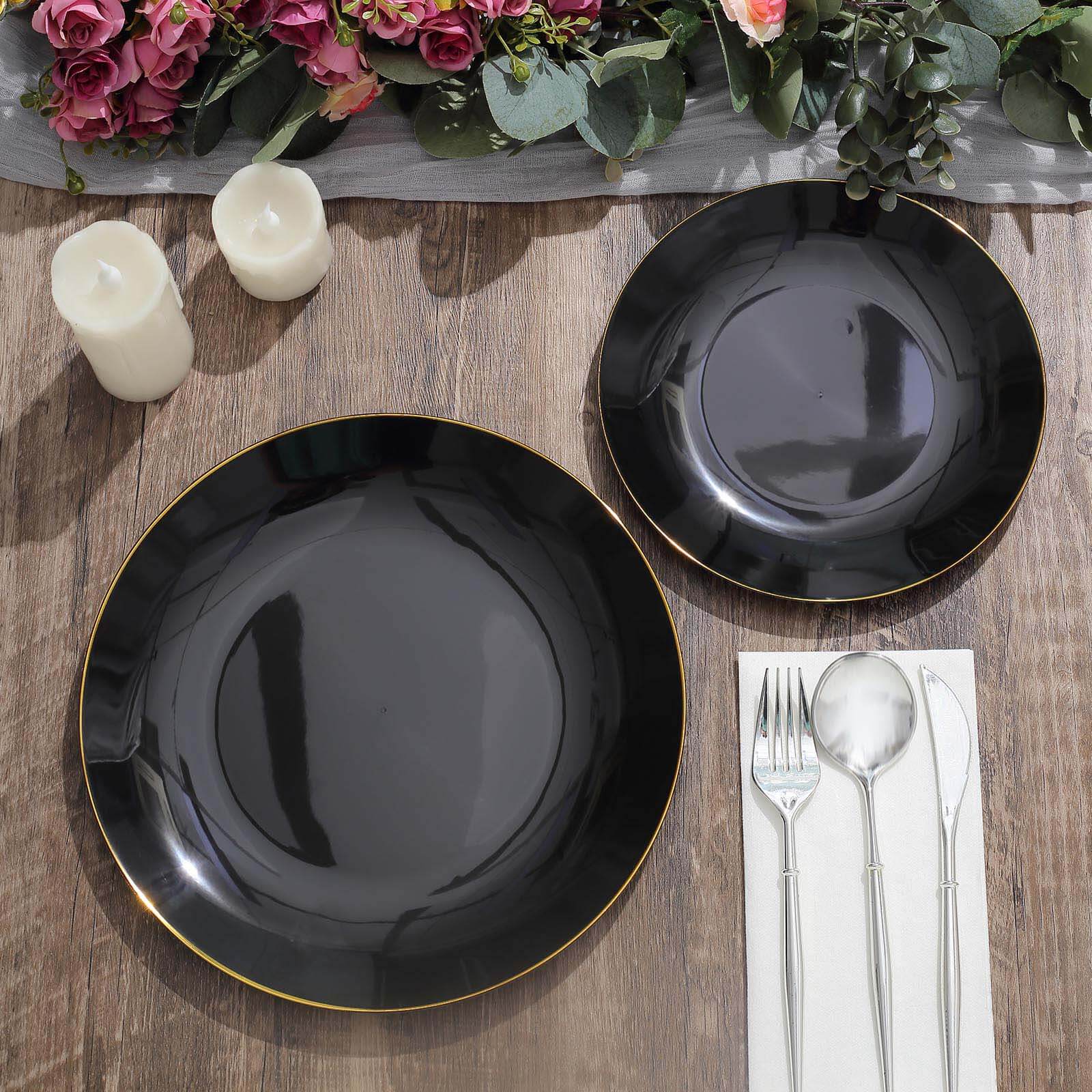 Hot Deal! 10-Pack of 8-Inch Round Black Plastic Dessert Plates with Gold Rim, Disposable and Sturdy