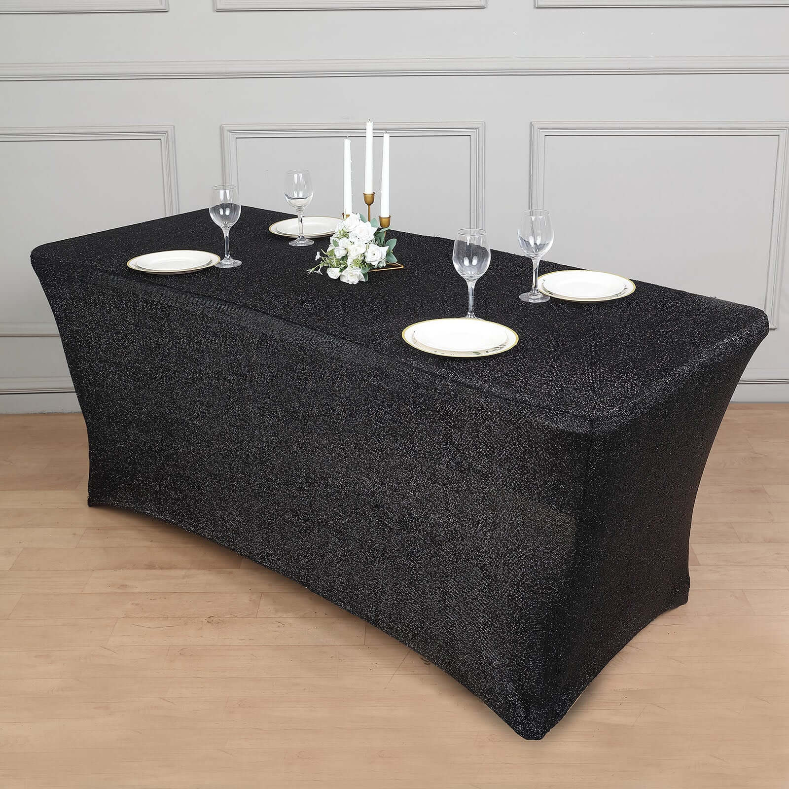 Hot! Metallic Black Shimmer Tinsel Spandex Stretch Tablecloth 72x30