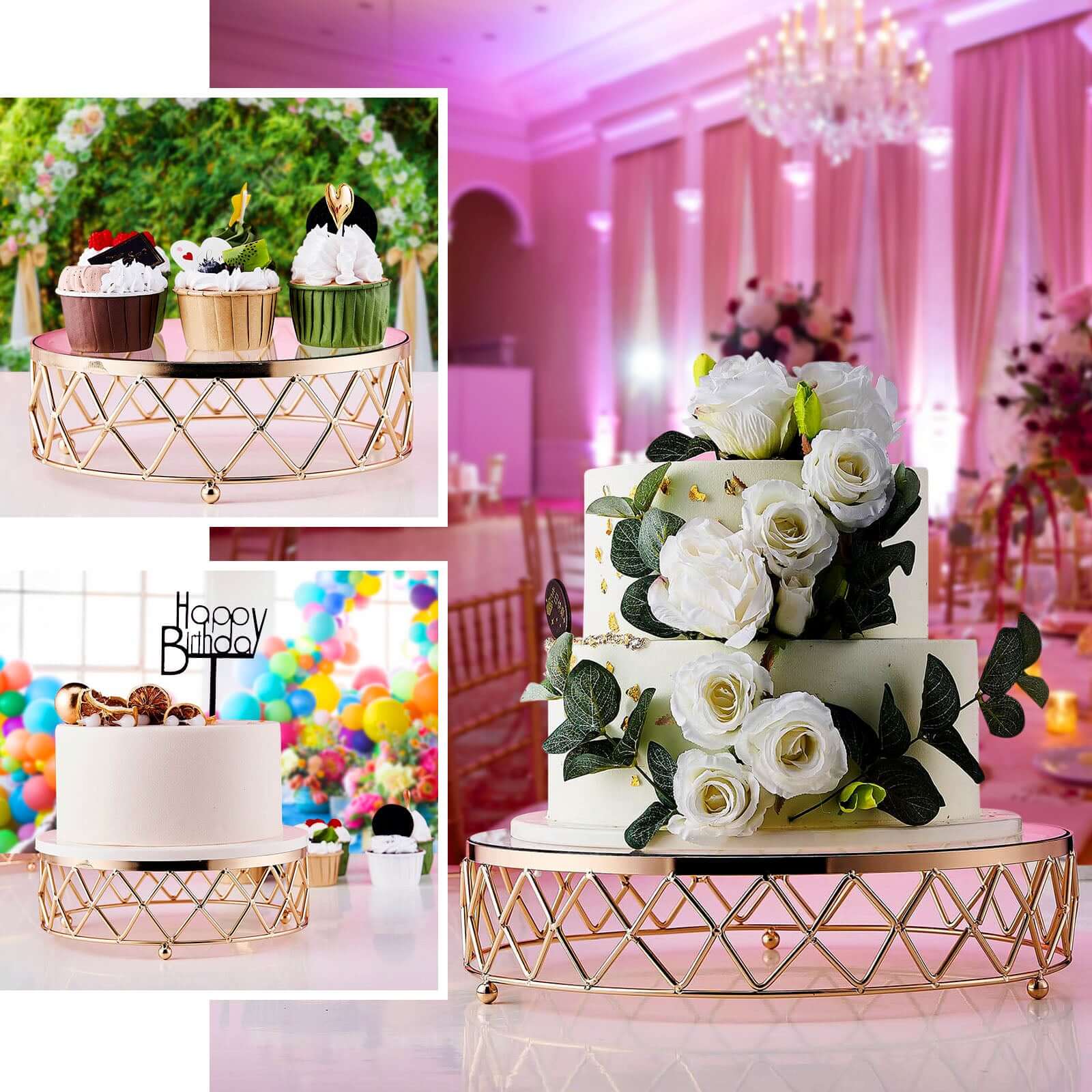 14-Inch Gold Metal Cake Stand with Geometric Diamond Cut Design and Glass Top for Dessert Display