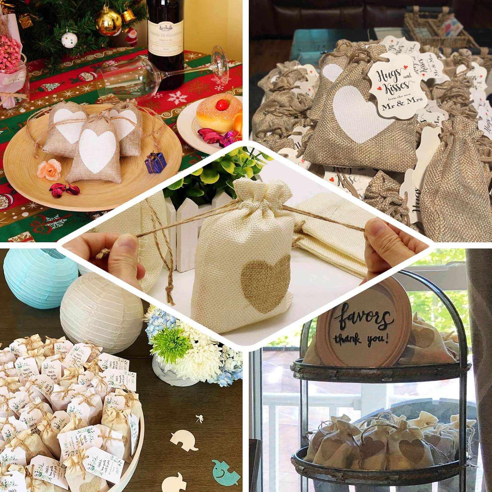 20-Piece Set of 4x5 Natural Ivory Heart-Printed Jute Burlap Drawstring Gift Bags for Rustic Weddings