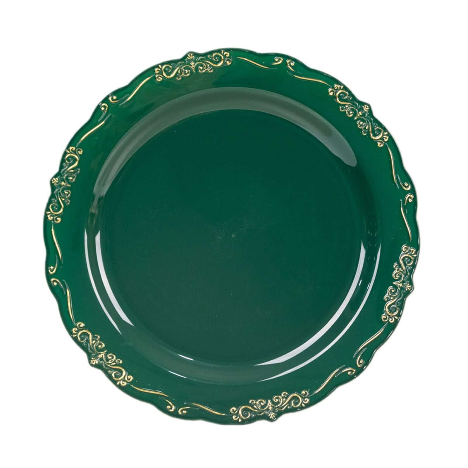 10-Pack Sturdy Disposable Round Dinner Plates in Hunter Green with Gold Embossed Rim