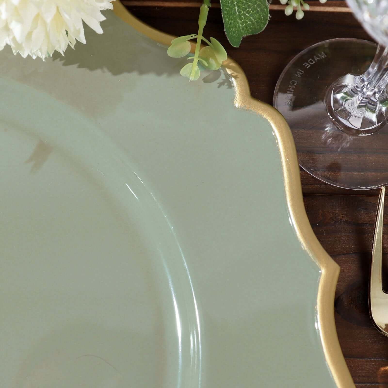 6-Piece Set of 13-Inch Dusty Sage Green Acrylic Charger Plates with Gold Scalloped Edges