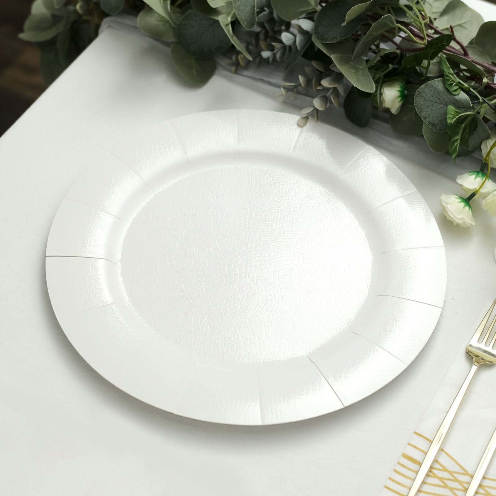 10-Pack White Disposable Round Charger Plates with Leathery Texture - Ideal for Parties