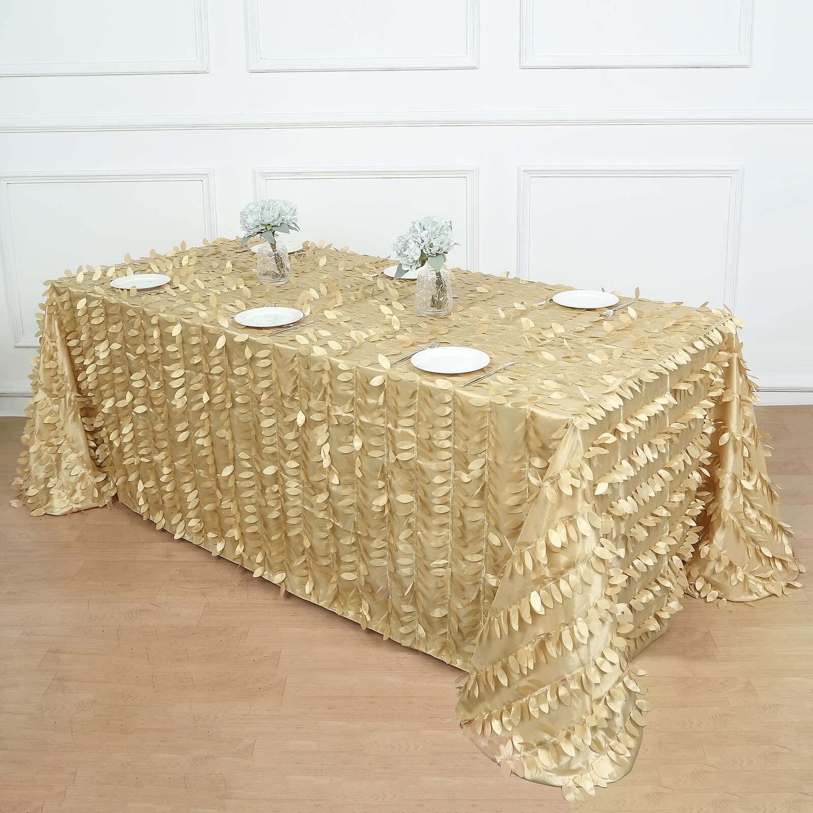 Champagne Taffeta Rectangle Tablecloth with 3D Leaf Petal Design - Great for Events
