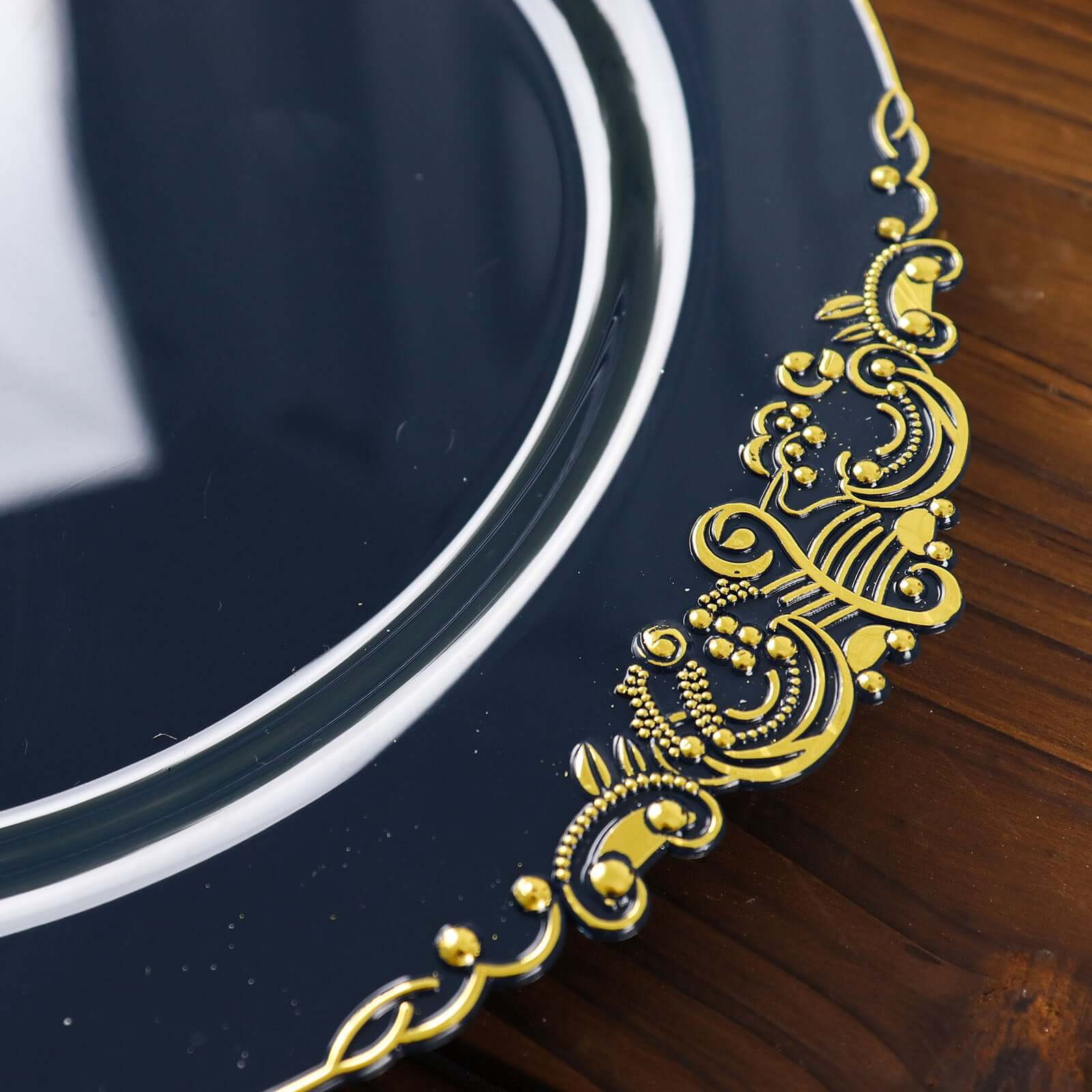 10-Pack Disposable Navy Blue Plastic Dinner Plates with Gold Leaf Embossed Rim - Vintage Baroque Style