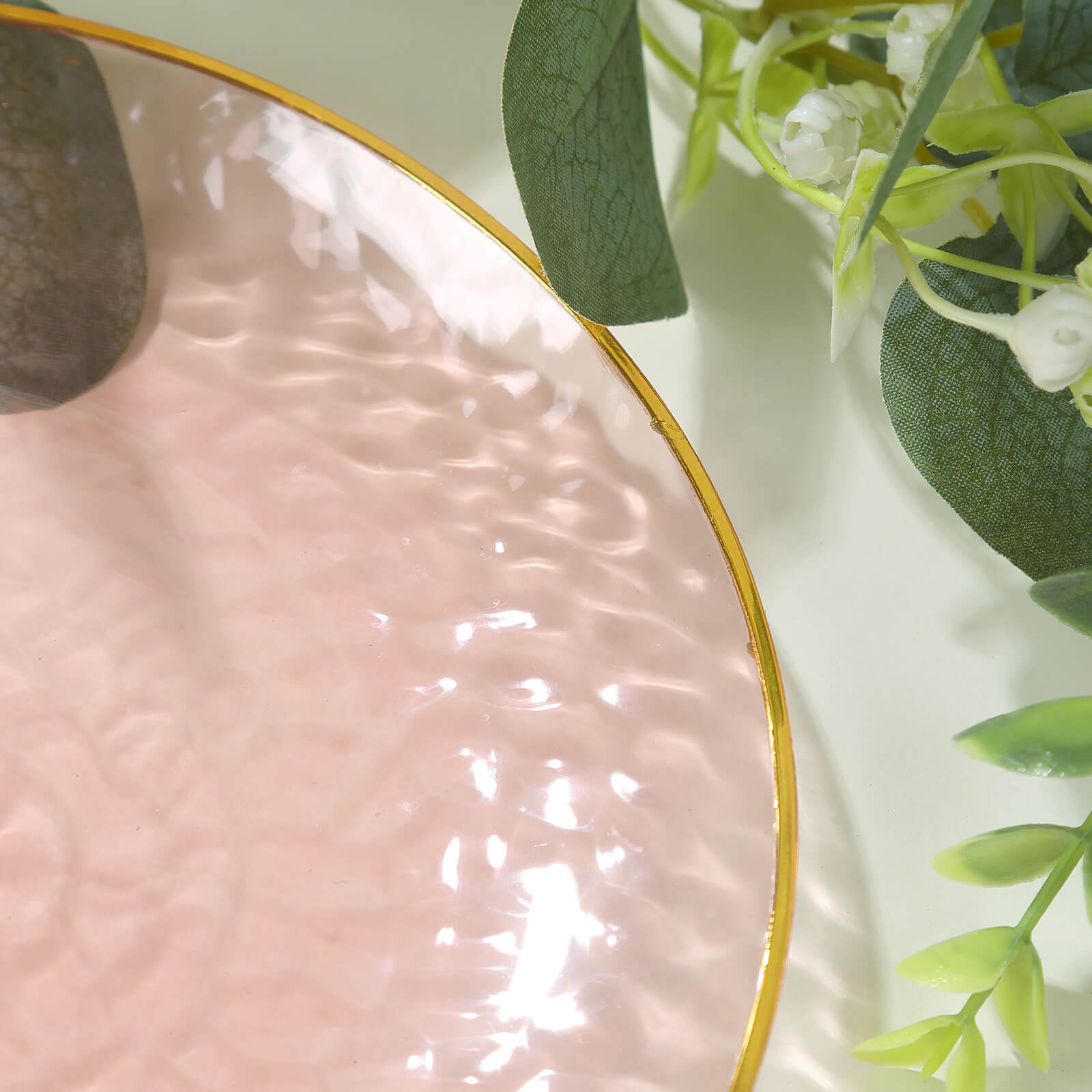 10-Pack Transparent Blush Hammered Plastic Round Dessert Plates with Gold Rim - Disposable & Modern