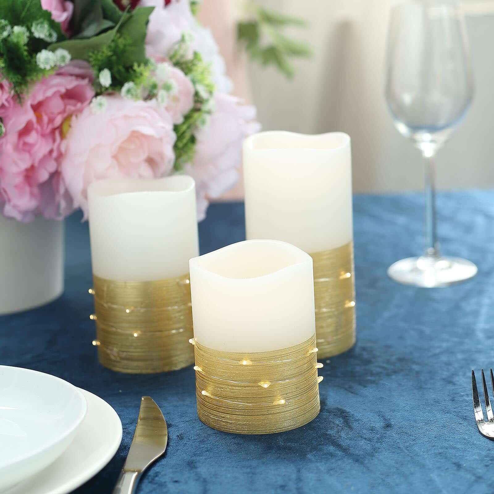 Remote-Controlled Set of 3 Gold LED Flameless Pillar Candles with Fairy String Lights (4', 5', 6')