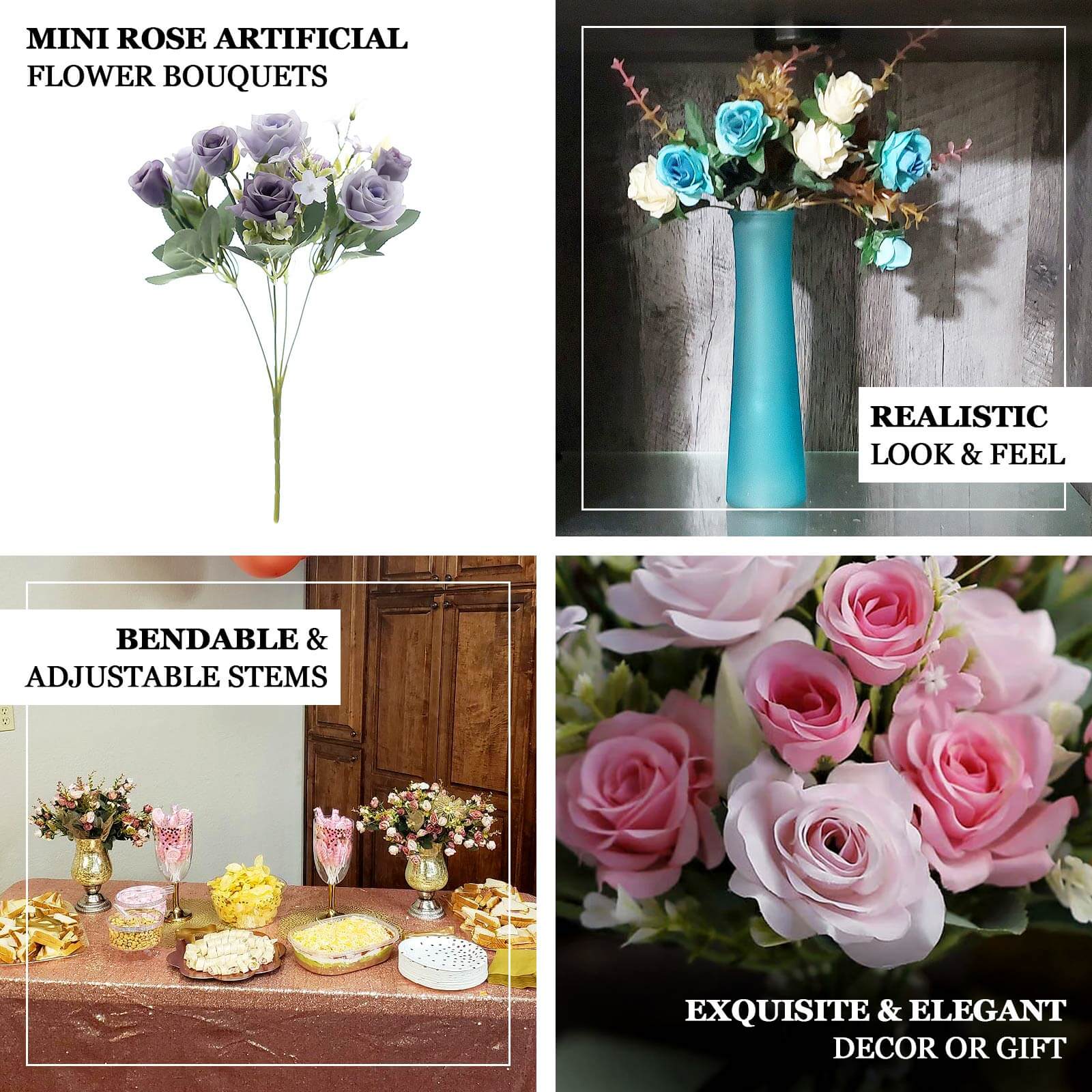 Hot Deal! 4-Bush Lavender Lilac Artificial Silk Rose Flower Bouquet for Bridal Use