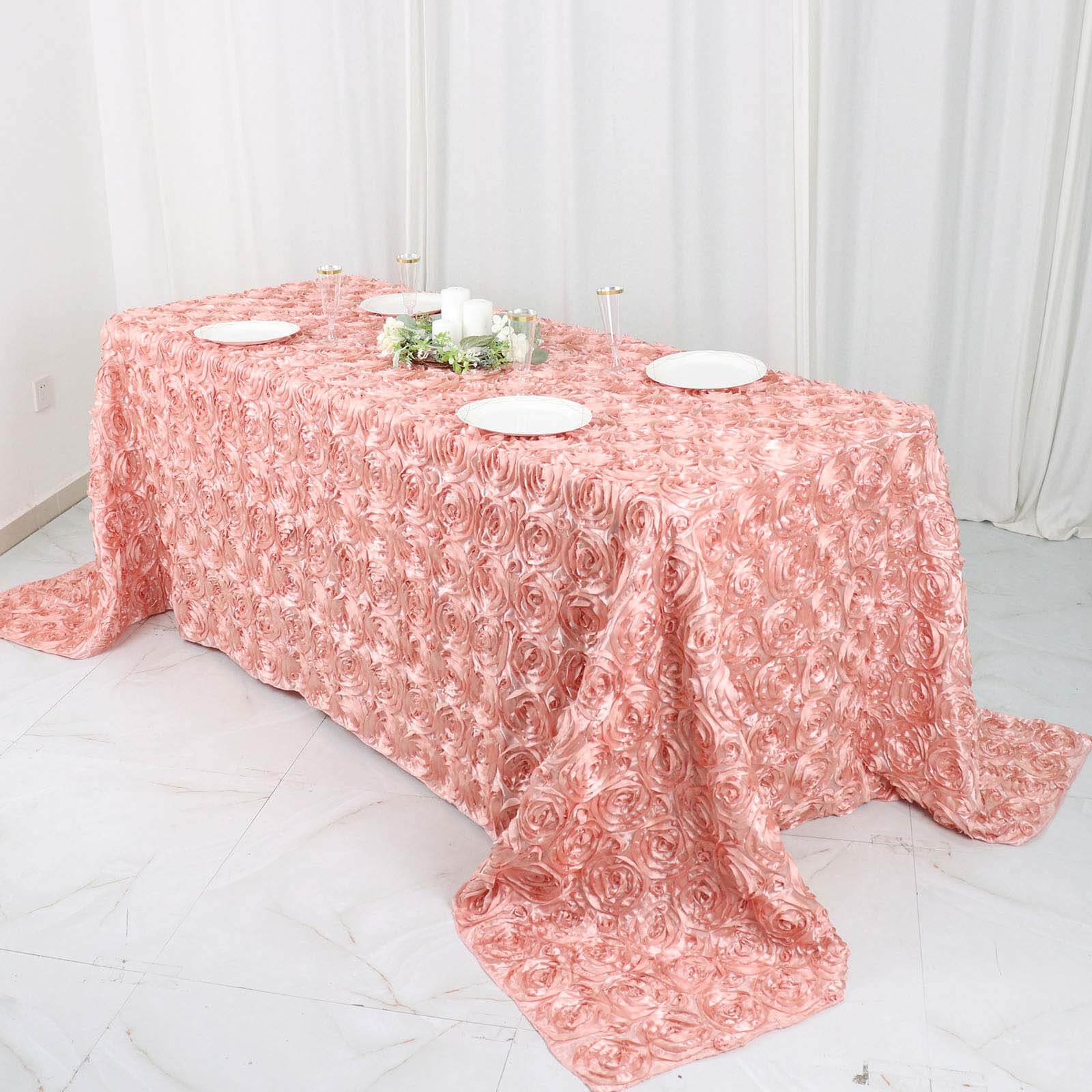 Luxurious Dusty Rose Satin 90x132 Rectangle Tablecloth with 3D Rosette Design