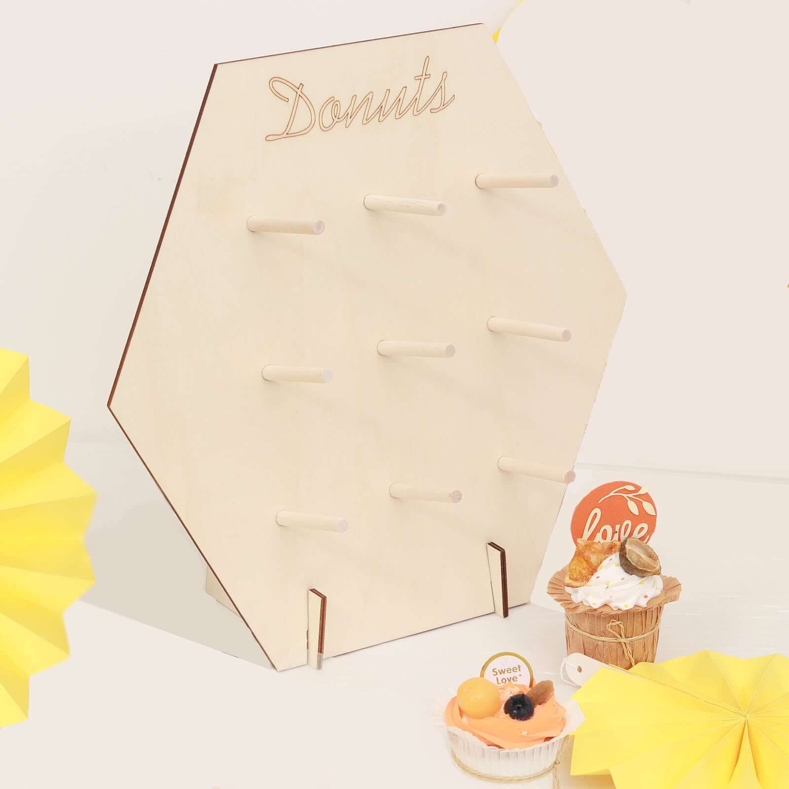 Rustic Detachable Wooden Hexagon Donut Wall Stand for Space-Saving Dessert Display