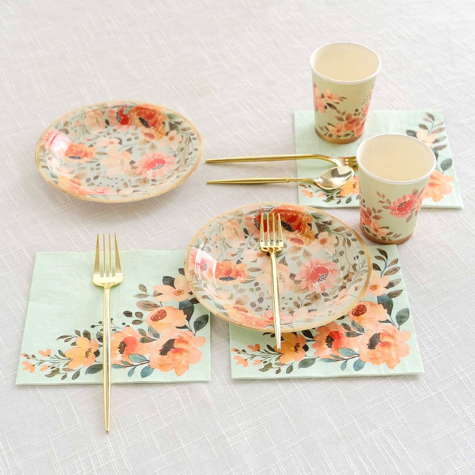 72-Piece Disposable Paper Dinnerware Set with Pink Floral and Sage Green Design