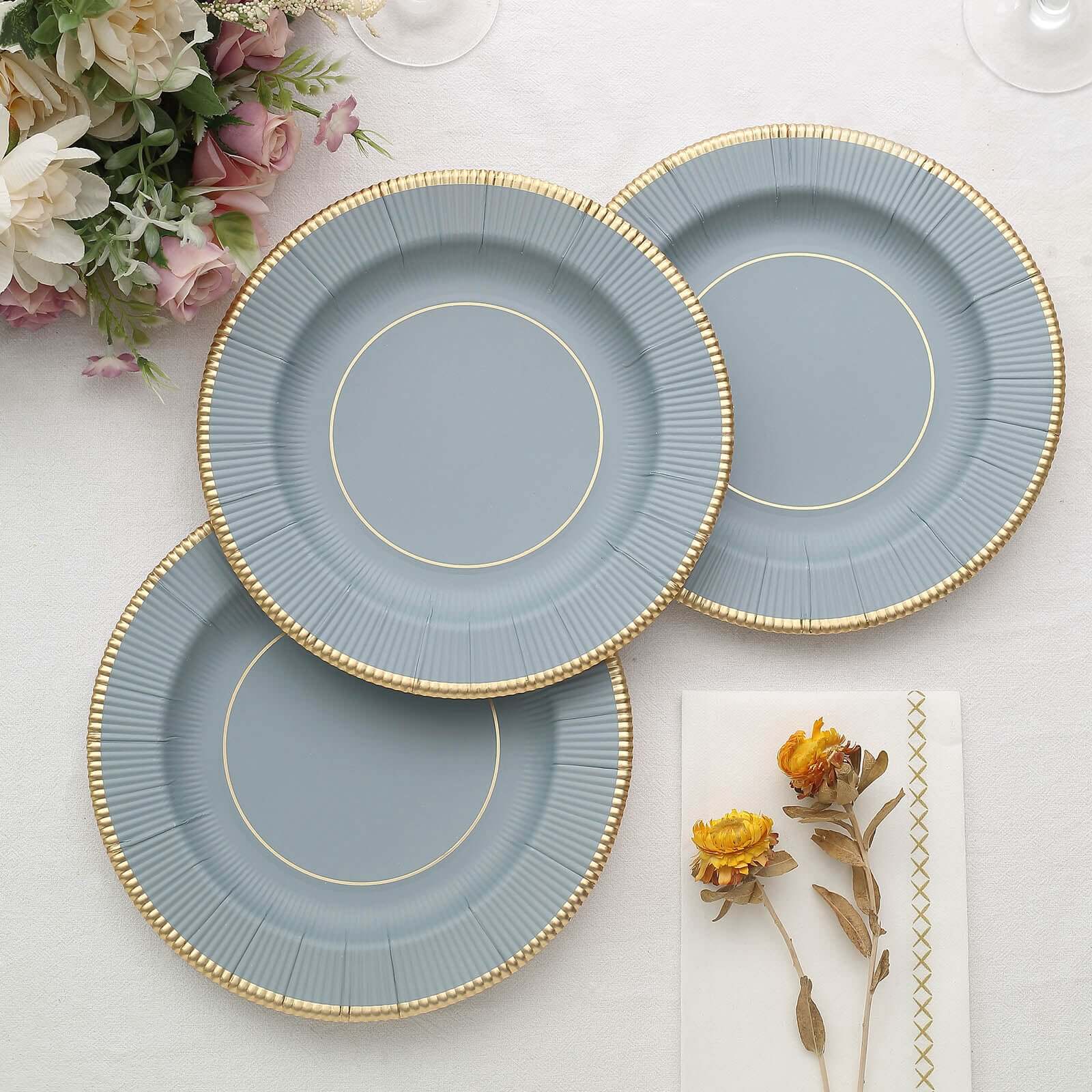 25-Piece Set of 8-Inch Disposable Dusty Blue Sunray Design Paper Dessert Plates with Gold Rim